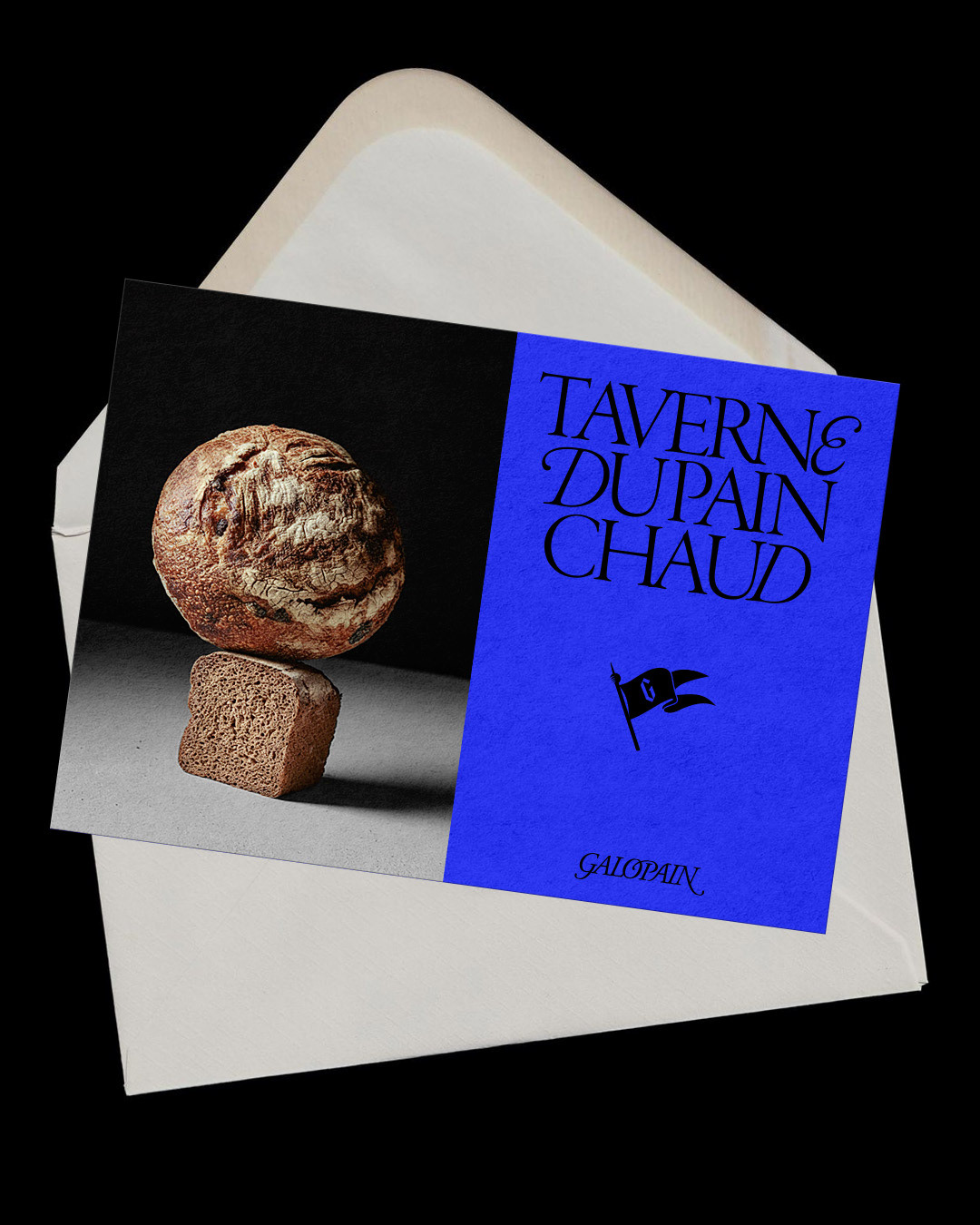 Split-layout Taverne du Pain Chaud cobalt-blue postcard and stacked sourdough still life on cream envelope — branding by Charline GROEN