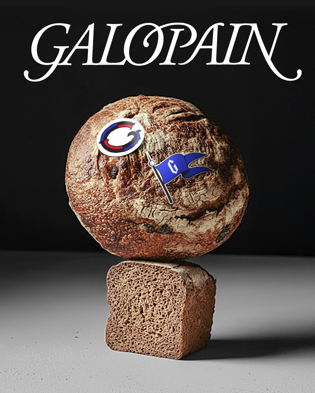 Galopain poster showing a round sourdough boule balanced on a square rye loaf with custom crust stickers — branding by Charline GROEN