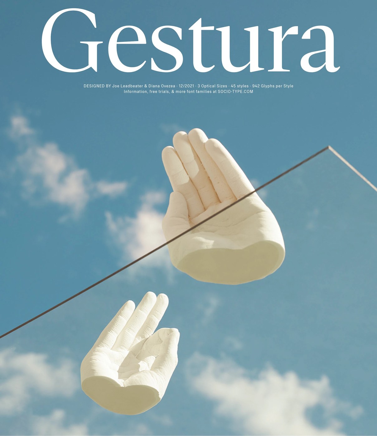 Gestura typeface display poster with sculptural hands and mirror — typography design by Sociotype Foundry