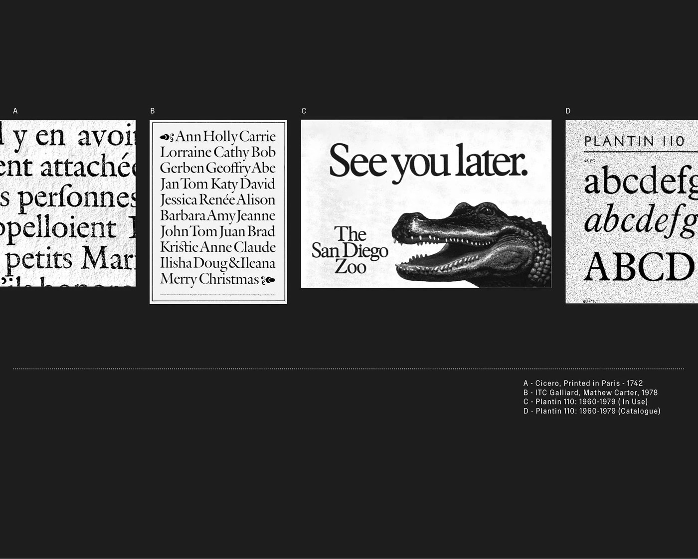 Historical typography references including Gros Cicero, Galliard, and Plantin — typography design by Sociotype Foundry