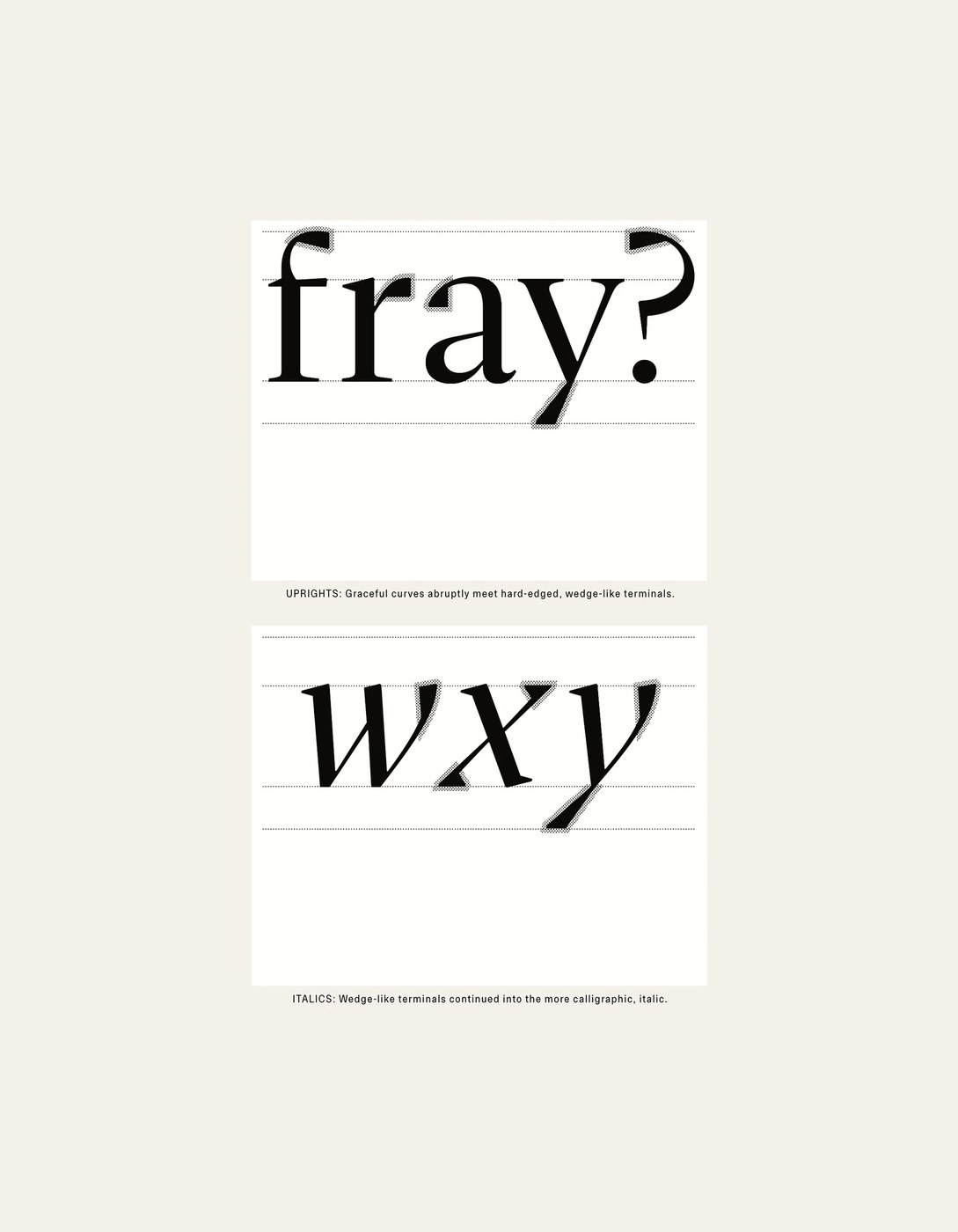 Gestura upright and italic terminal anatomy comparison across fray and wxy — typography design by Sociotype Foundry