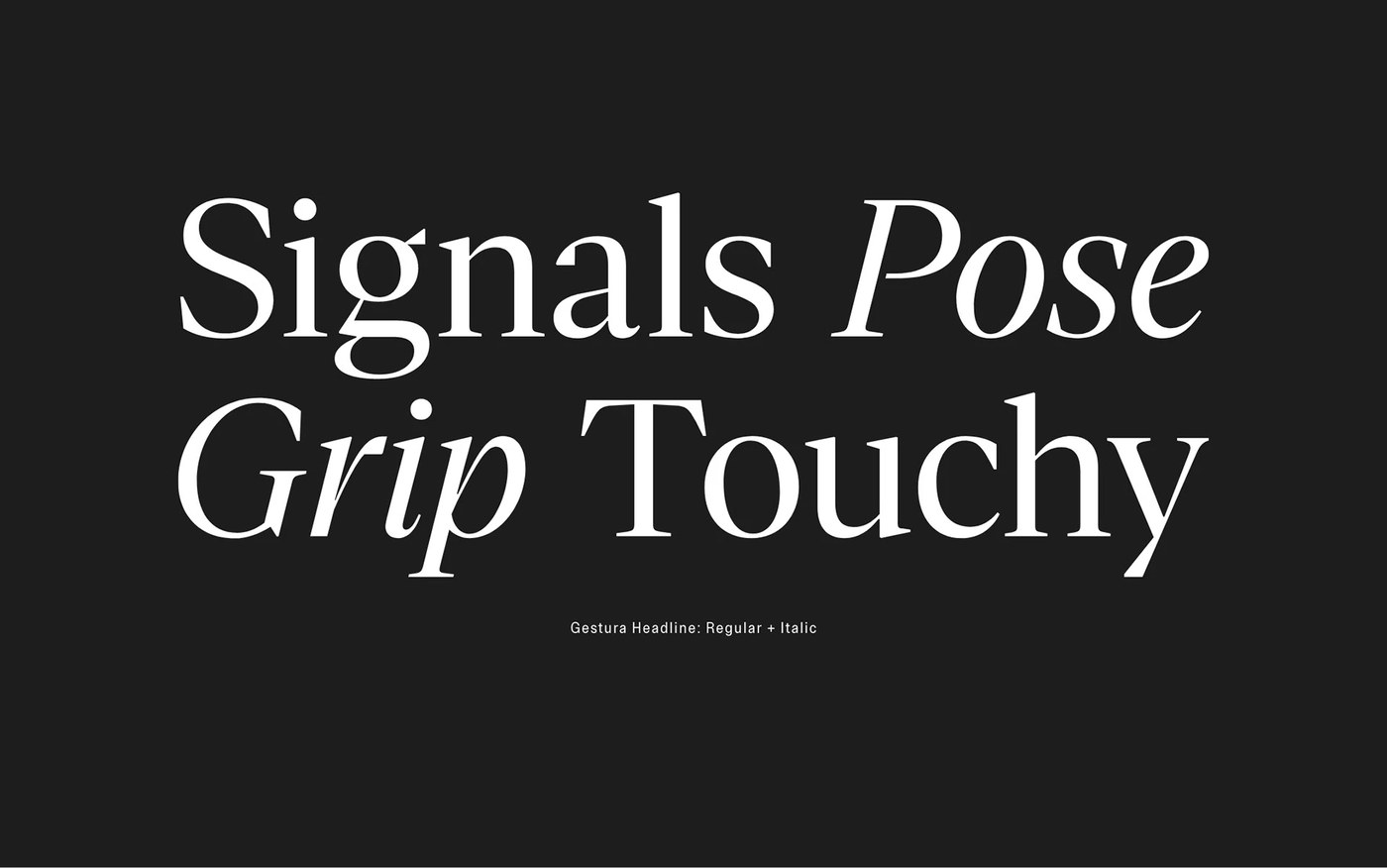 Gestura Headline regular and italic styles specimen with Signals Pose Grip Touchy — typography design by Sociotype Foundry