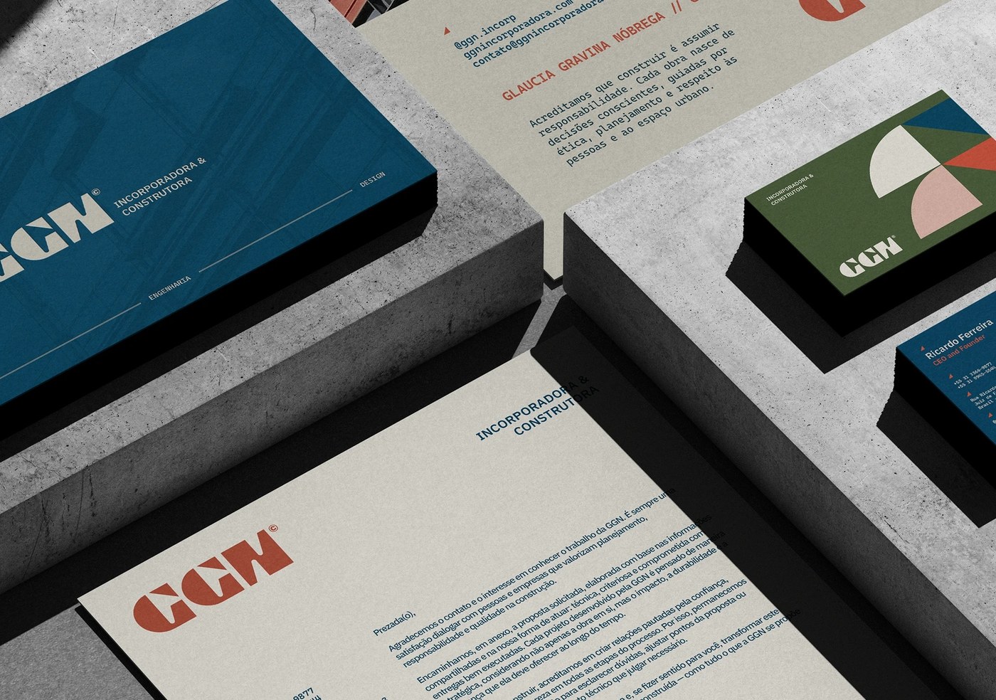 GGN corporate stationery and business cards on raw concrete blocks