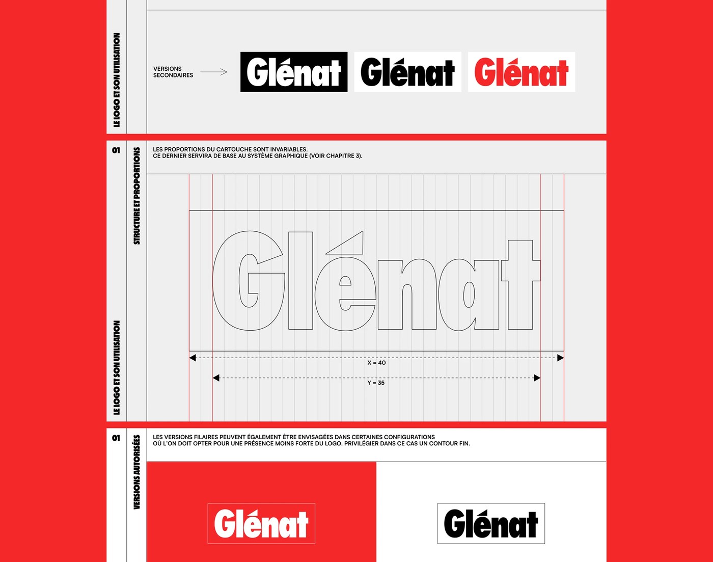 brand identity guidelines and typography construction grid for Glénat logo cartouche
