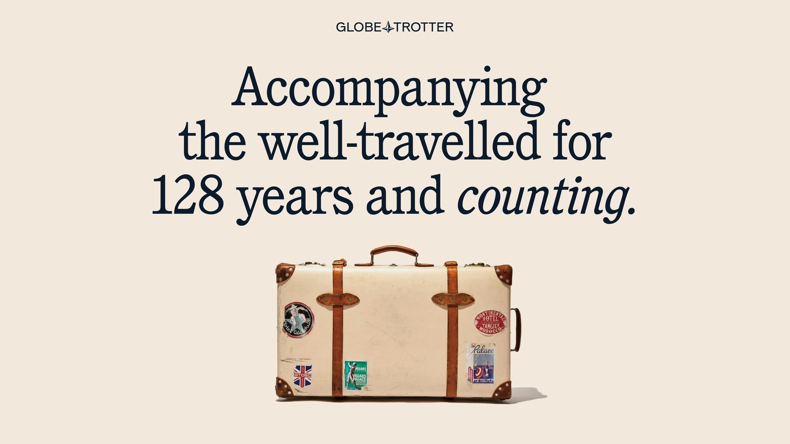 Globe-Trotter design system overview and typography specimen reading Accompanying the well-travelled for 128 years and counting above a sticker-covered vintage suitcase — brand identity by Ragged Edge