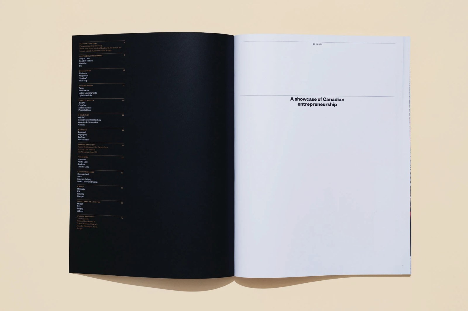 Black and gold table of contents page facing the white Canadian entrepreneurship title page — editorial design by Underline Studio
