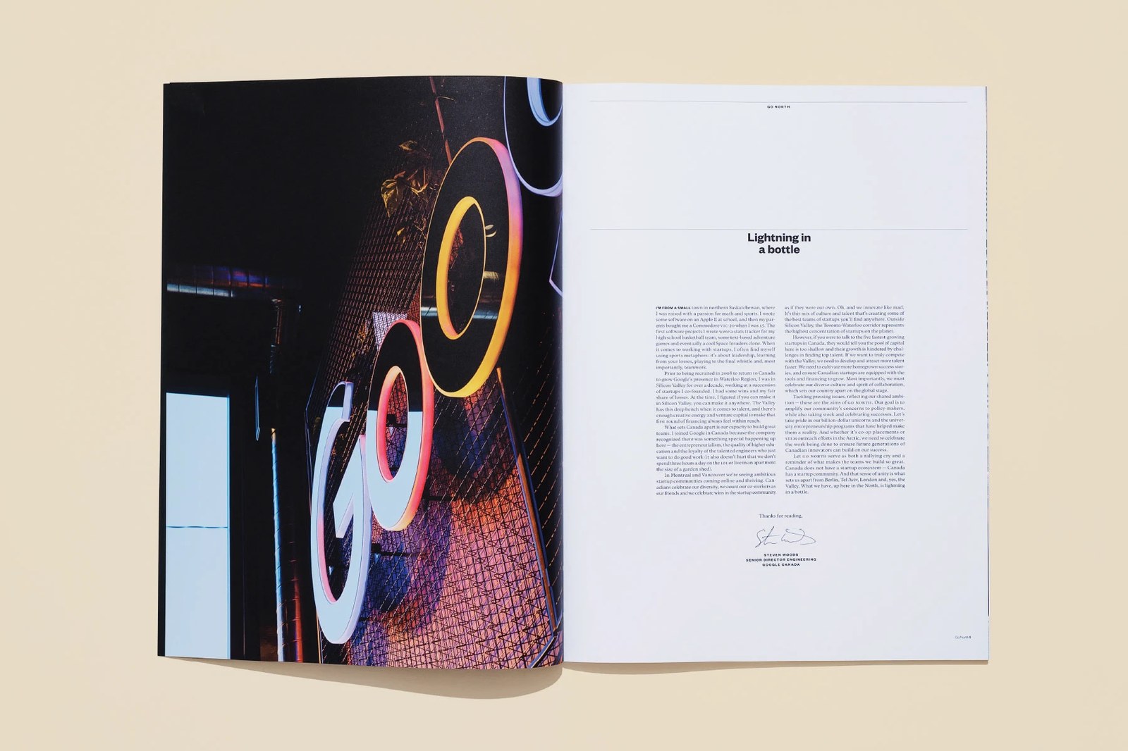 Spread pairing the illuminated Google sign with the two-column Lightning in a bottle foreword — editorial design by Underline Studio