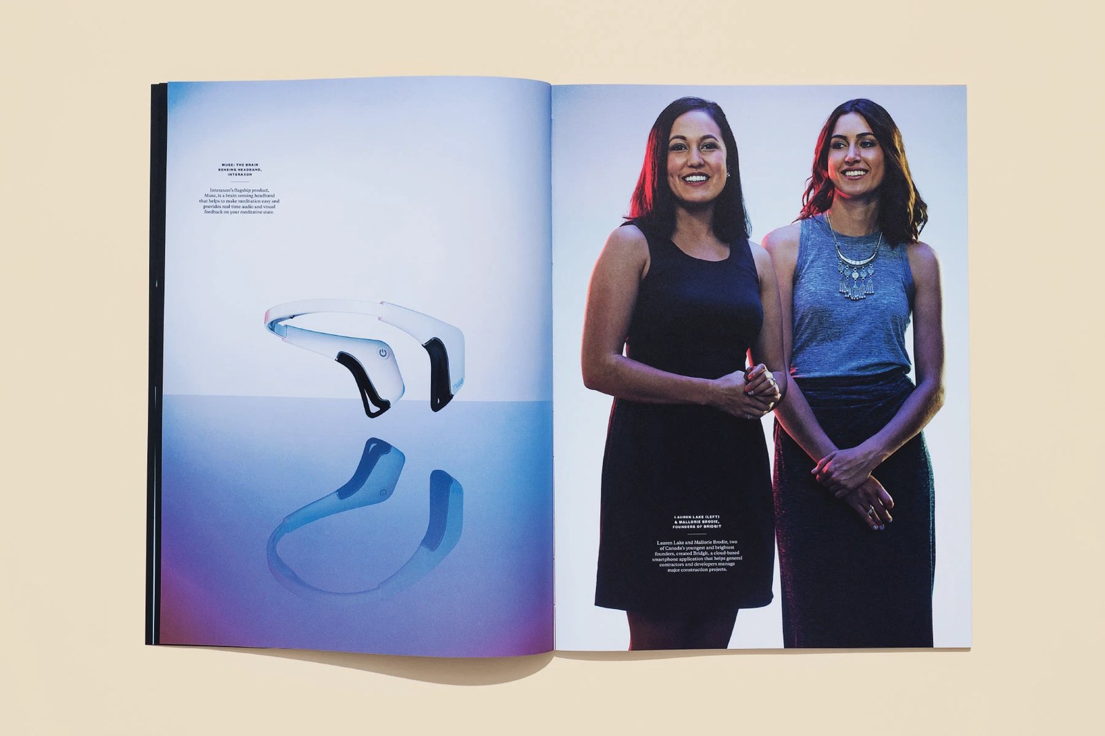 Startup Spotlight spread pairing Interaxon Muse headband with Bridgit co-founders portrait — editorial design by Underline Studio
