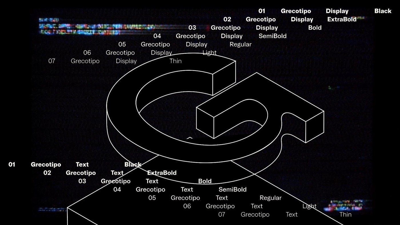 Isometric architectural diagram dissecting lowercase g glyph structure and interpolation in Grecotipo type design