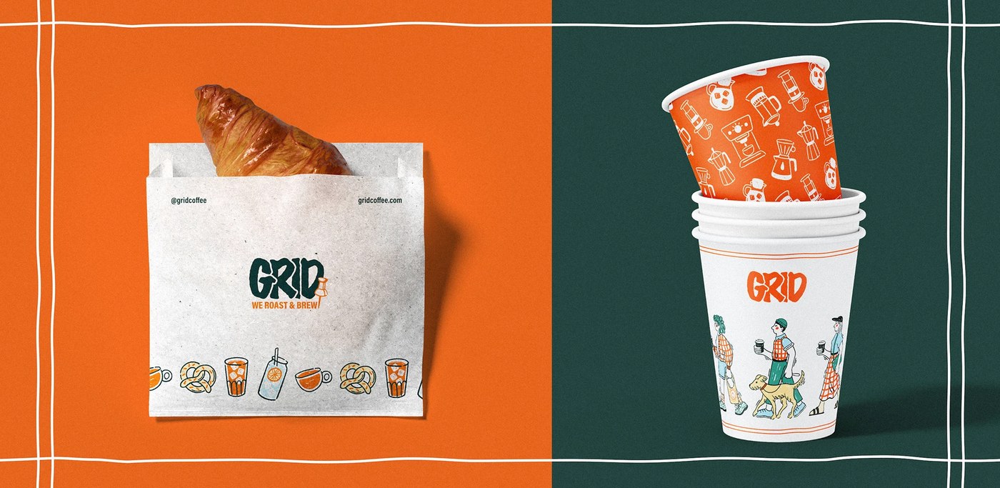 Coffee bags designed with the coffee shop branding visual identity system