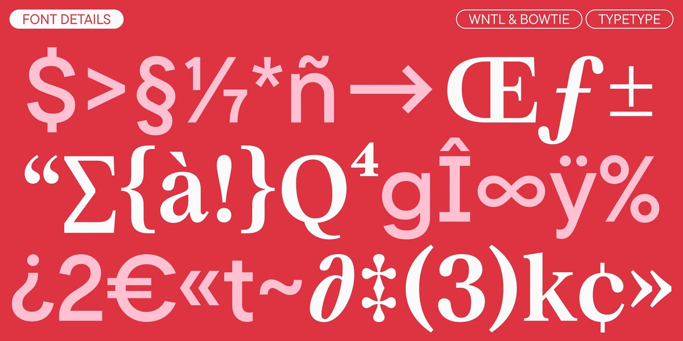 Intricate glyph specimen with currency symbols, fractions, and diacritics on scarlet background — typography design by TypeType Foundry