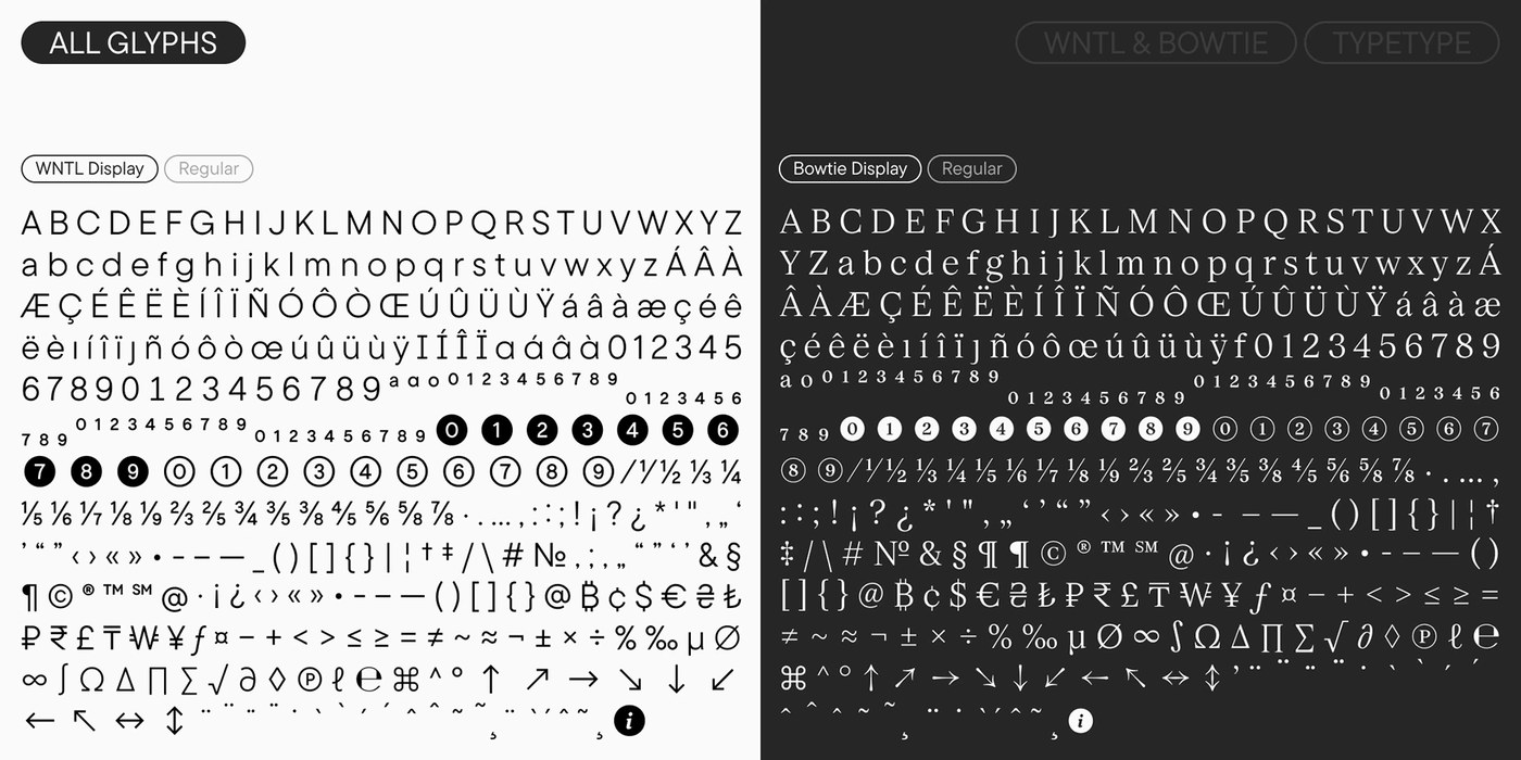 Side-by-side comparison of WNTL sans-serif and Bowtie serif full glyph sets — typography design by TypeType Foundry