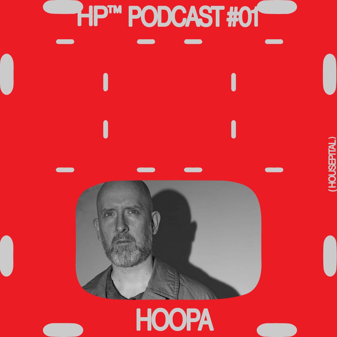 Crimson red podcast sleeve with dashed coordinate grid and punch-card window framing DJ Hoopa for Housepital branding