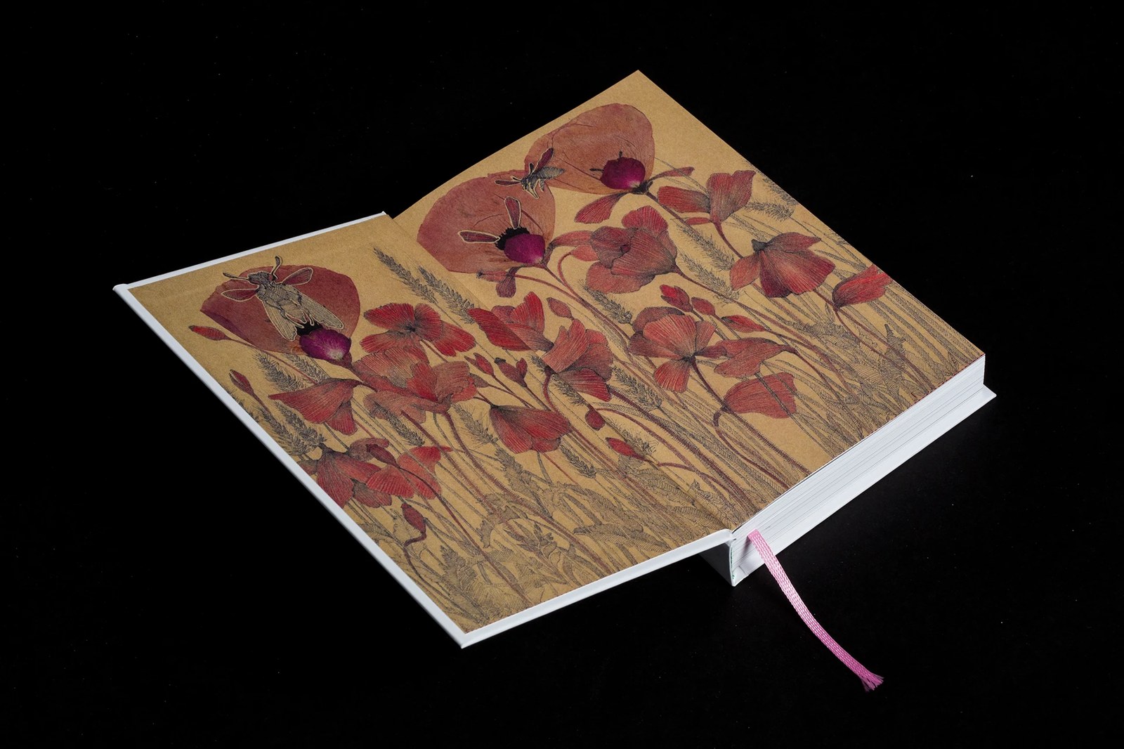 Warm ochre kraft front endpaper book design spread featuring full-bleed crimson poppy botanicals and ink insects by Robert Gabris