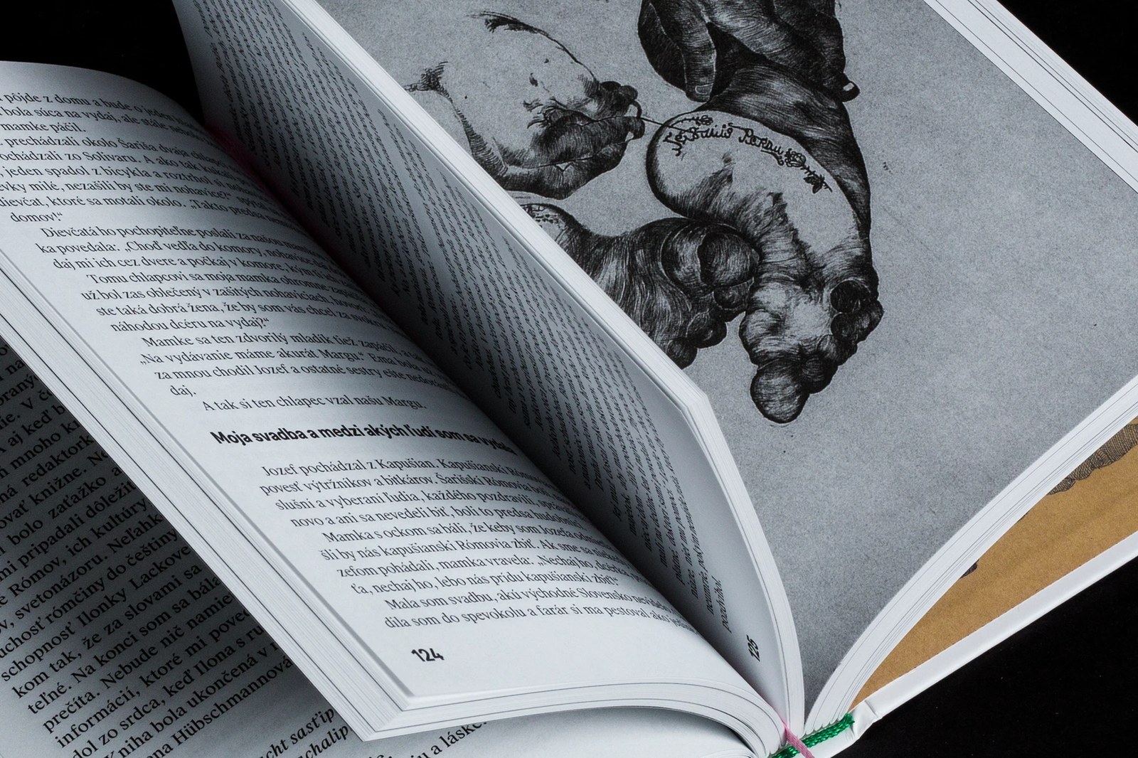 Interior literary book design spread setting Suisse Works serif body copy and bold subheads opposite a grayscale artwork plate