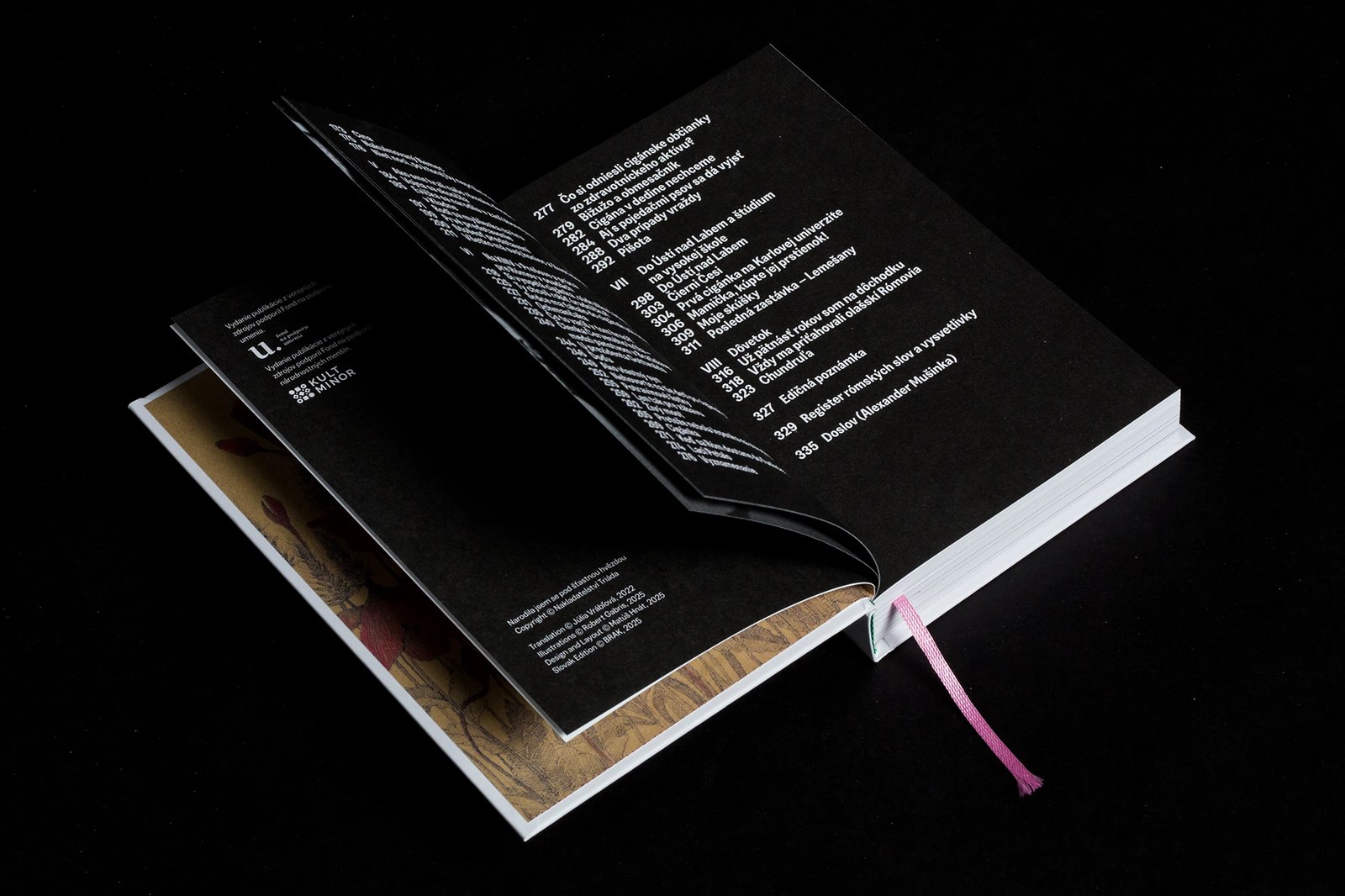 Flood-black back-matter book design spread with white knock-out table of contents, Romani glossary index, and BRAK colophon