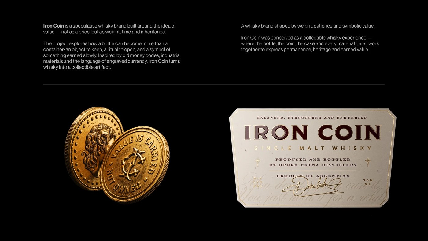 Minted metallic coin talismans alongside cream label with embossed foil lettering — packaging design by Opera Prima