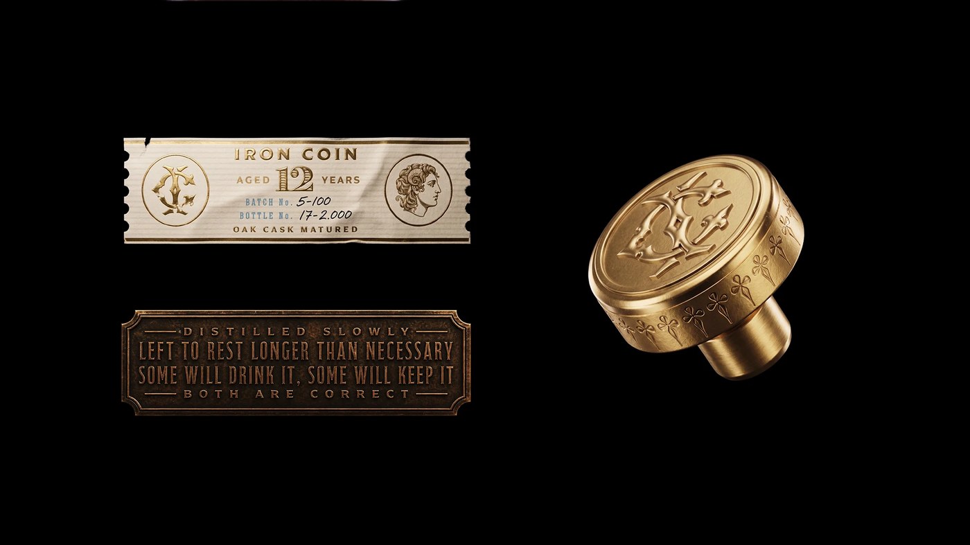Perforated neck band, embossed cast bronze motto plaque, and solid brass stopper — packaging design by Opera Prima
