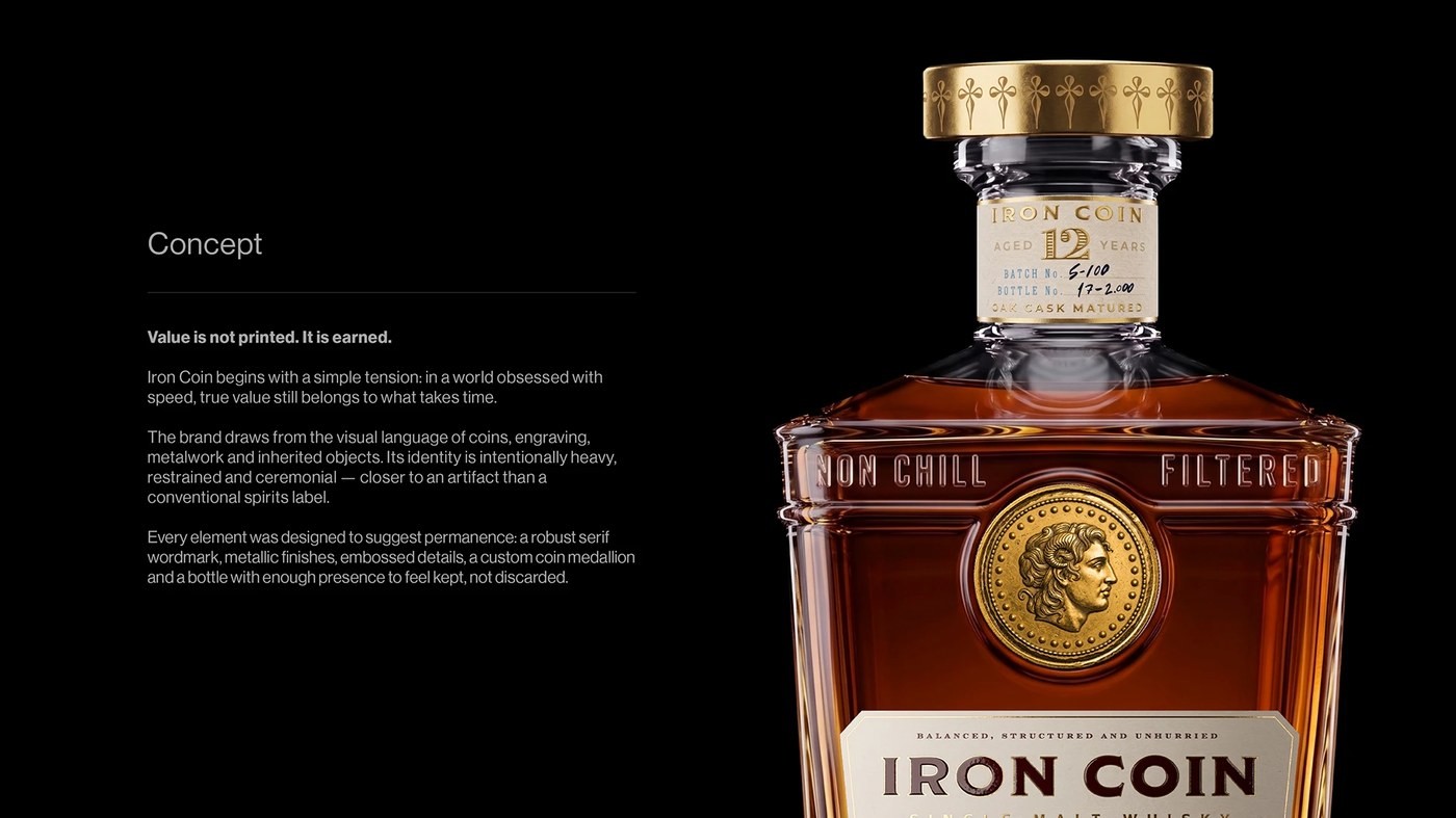 Close-up of bottle shoulder, embedded coin medallion, and embossed non-chill filtered glass — packaging design by Opera Prima