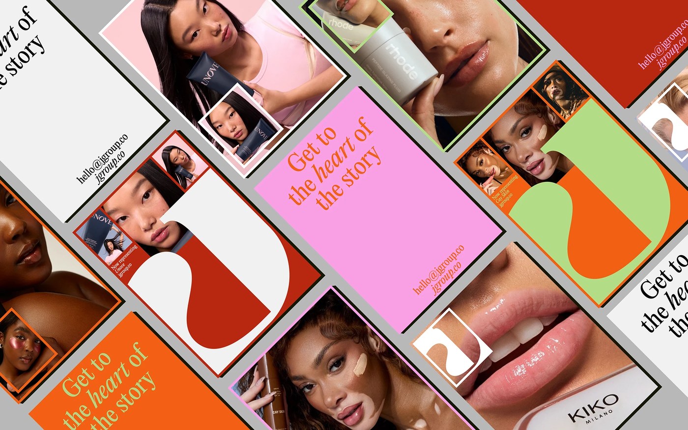 Dynamic diagonal flat-lay of JGroup editorial cards and beauty client campaigns