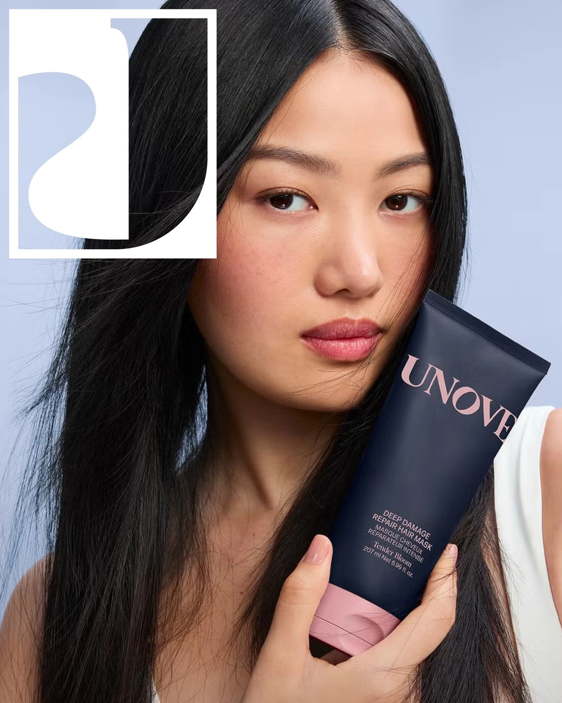 High-contrast editorial typography and beauty photography framing with J logo cutout