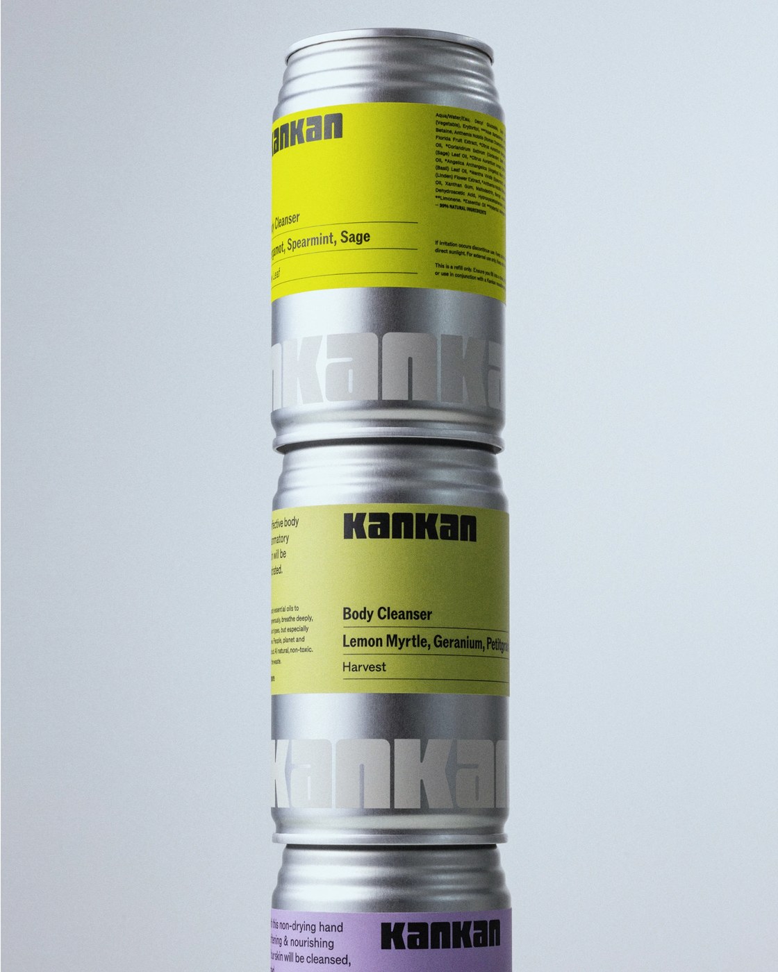 KanKan refill cans packaging design stacked with color blocked labels