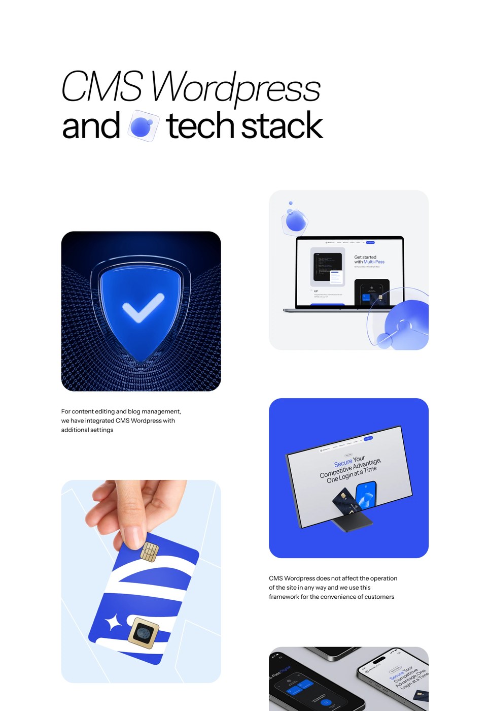 CMS WordPress tech stack integration and enterprise access shield graphic — web design by Cuberto