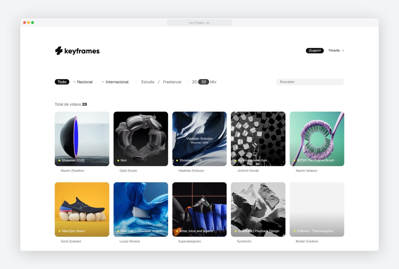 Filtered 3D motion graphics archive showing curated project cards in web design
