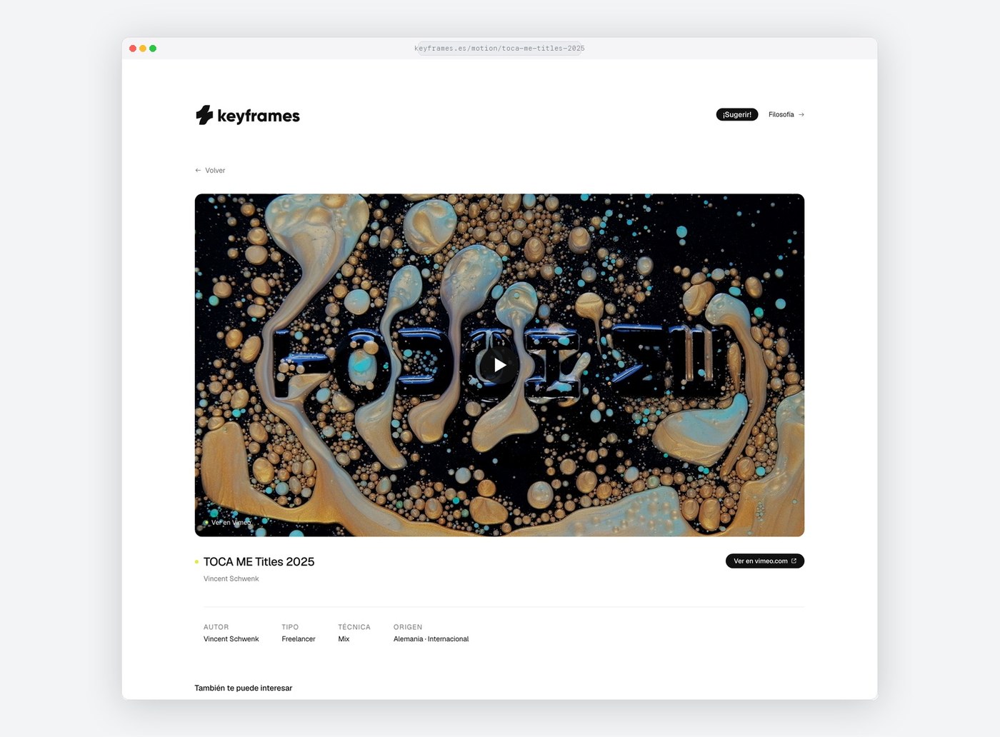 Project detail page for TOCA ME Titles 2025 by Vincent Schwenk in web design