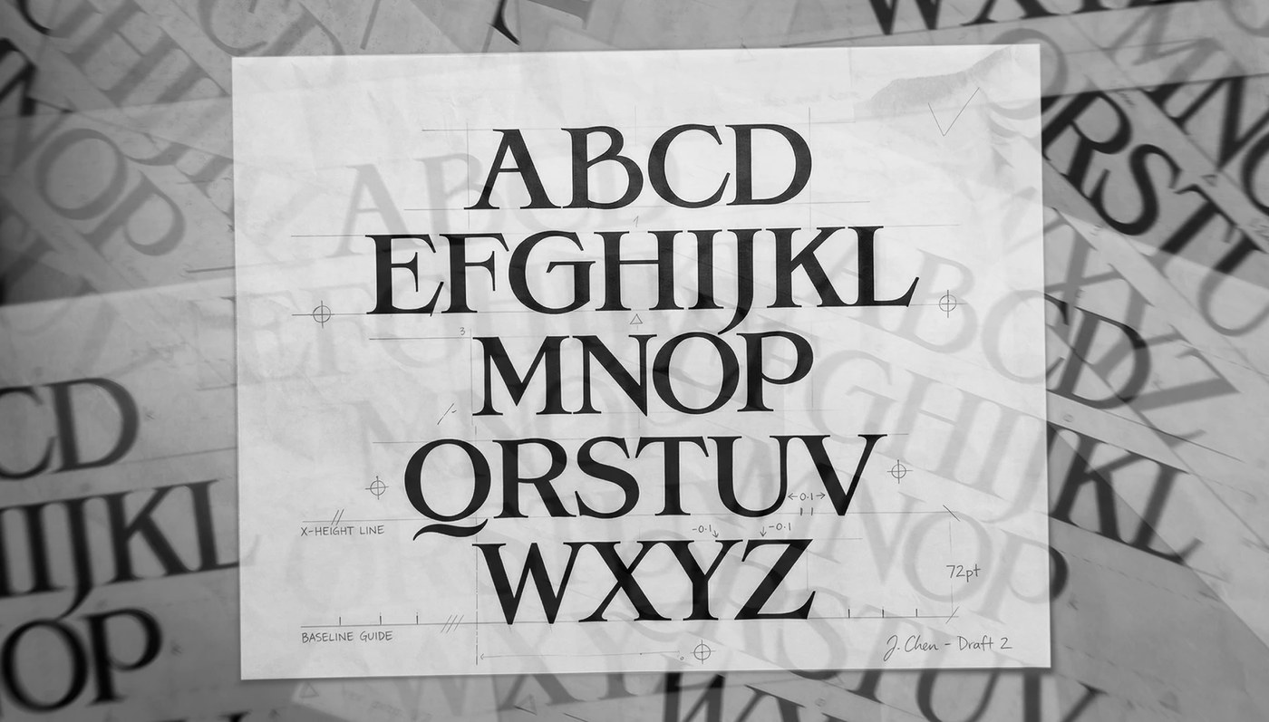 Knights & Fighters typography monochrome character set specimen sheet by Noodle Wang