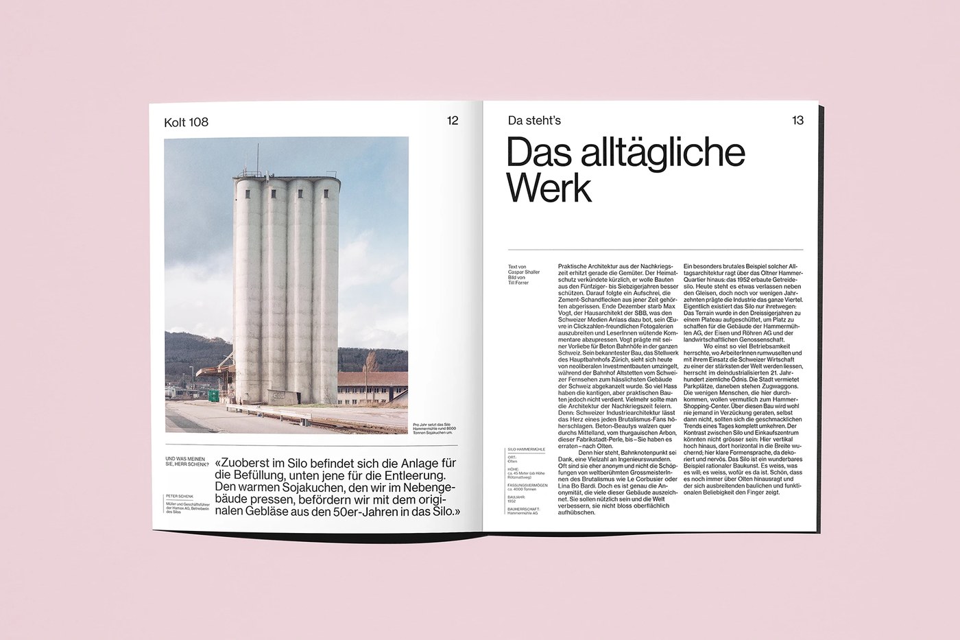Kolt Magazine editorial design spread featuring Silo Hammermühle architecture by Alice Poma and Studio Feixen