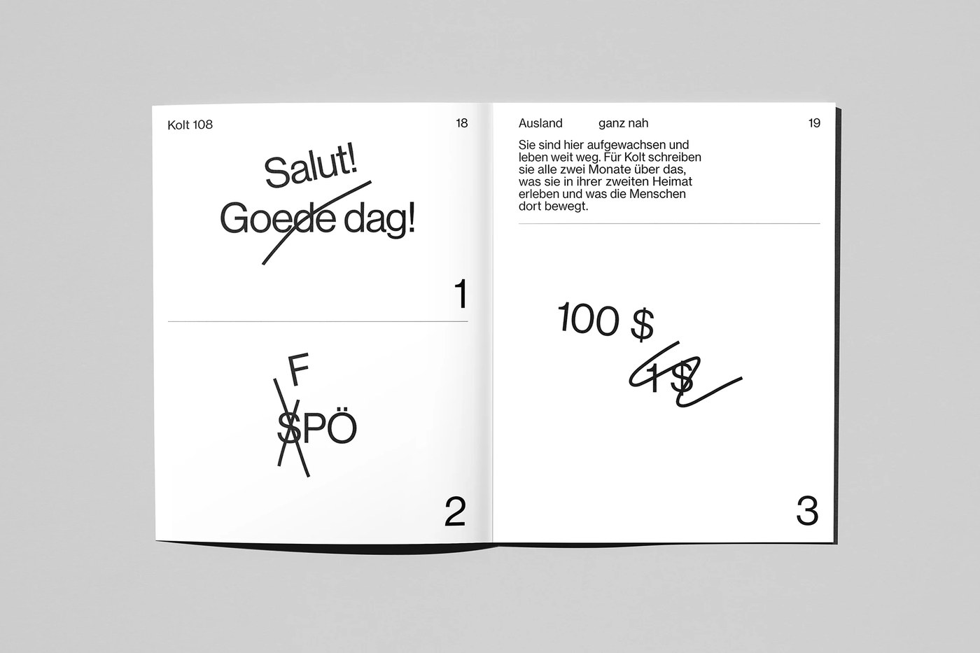 Kolt Magazine editorial design typographic layout with playful slash marks by Alice Poma
