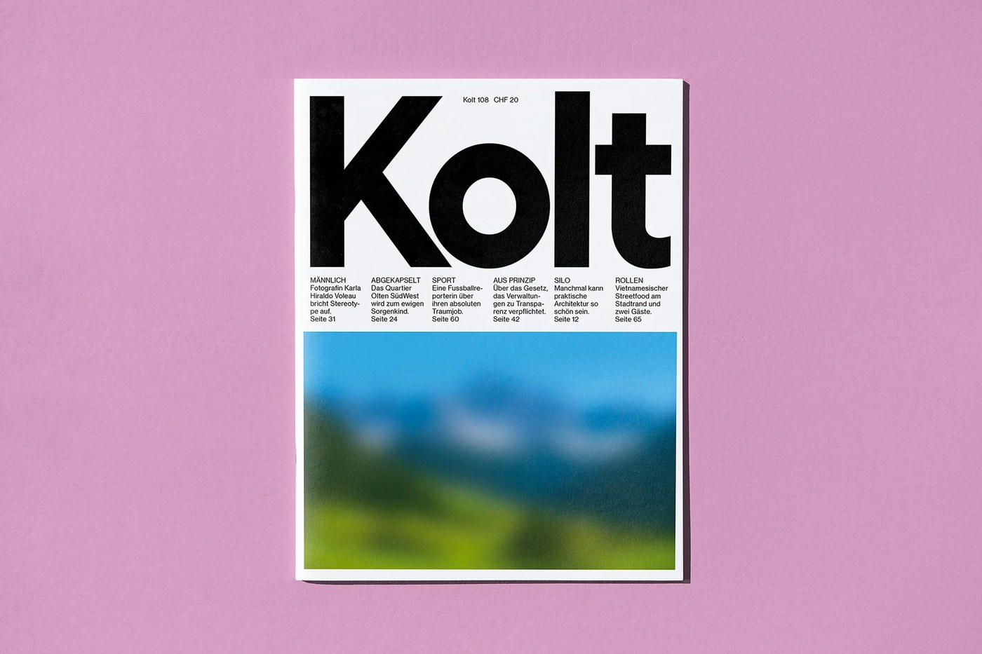 Kolt Magazine Issue 108 cover editorial design with landscape photography by Alice Poma
