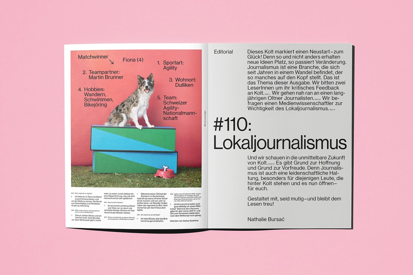 Kolt Magazine editorial design layout featuring local journalism essay by Alice Poma