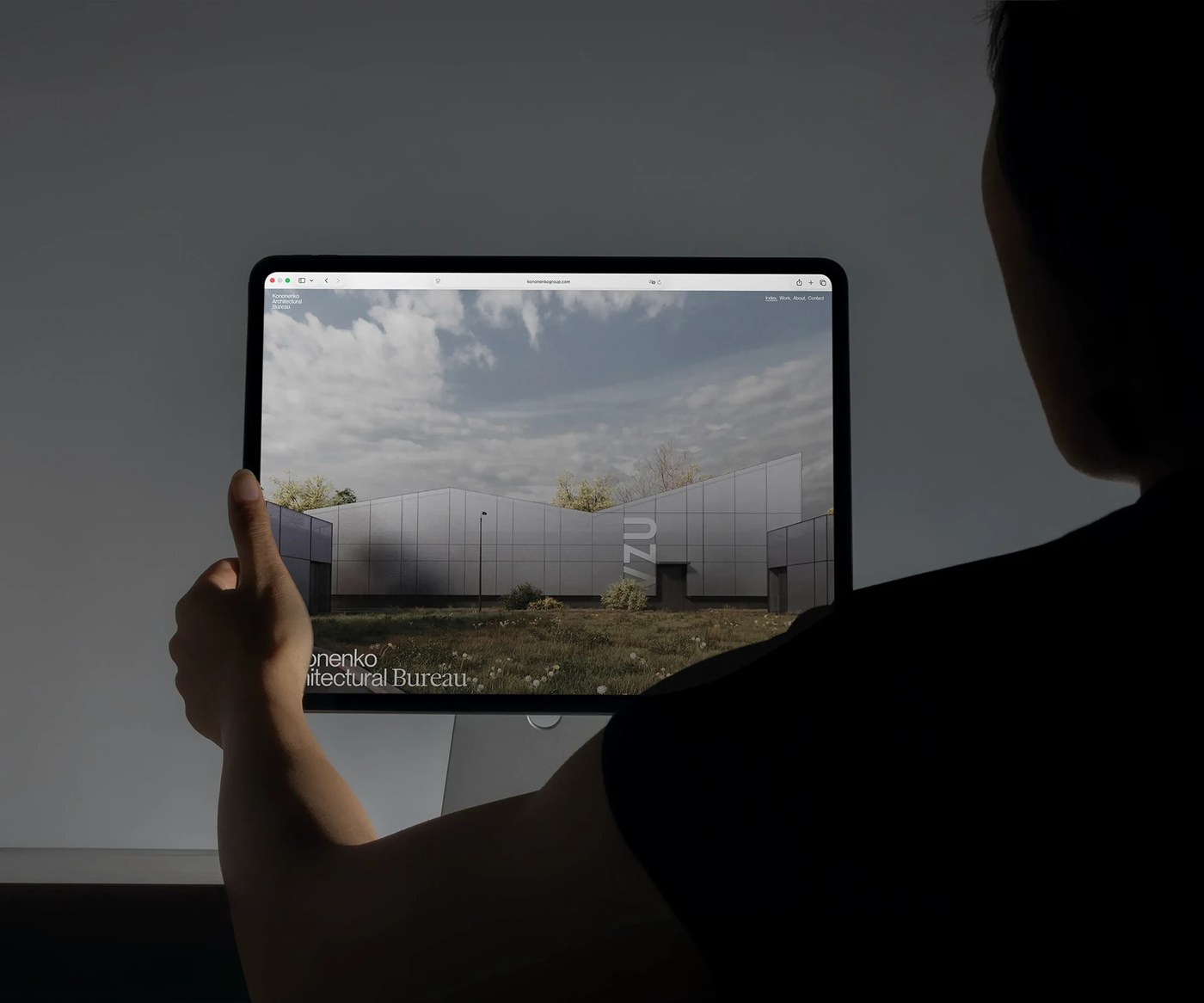 Architectural web design desktop hero layout with landscape imagery for Kononenko Bureau