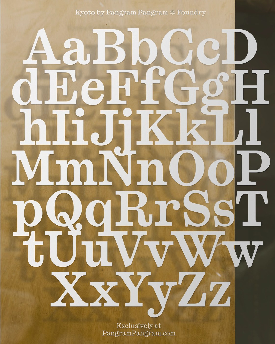 Complete Latin alphabet character set specimen for PP Kyoto typeface design