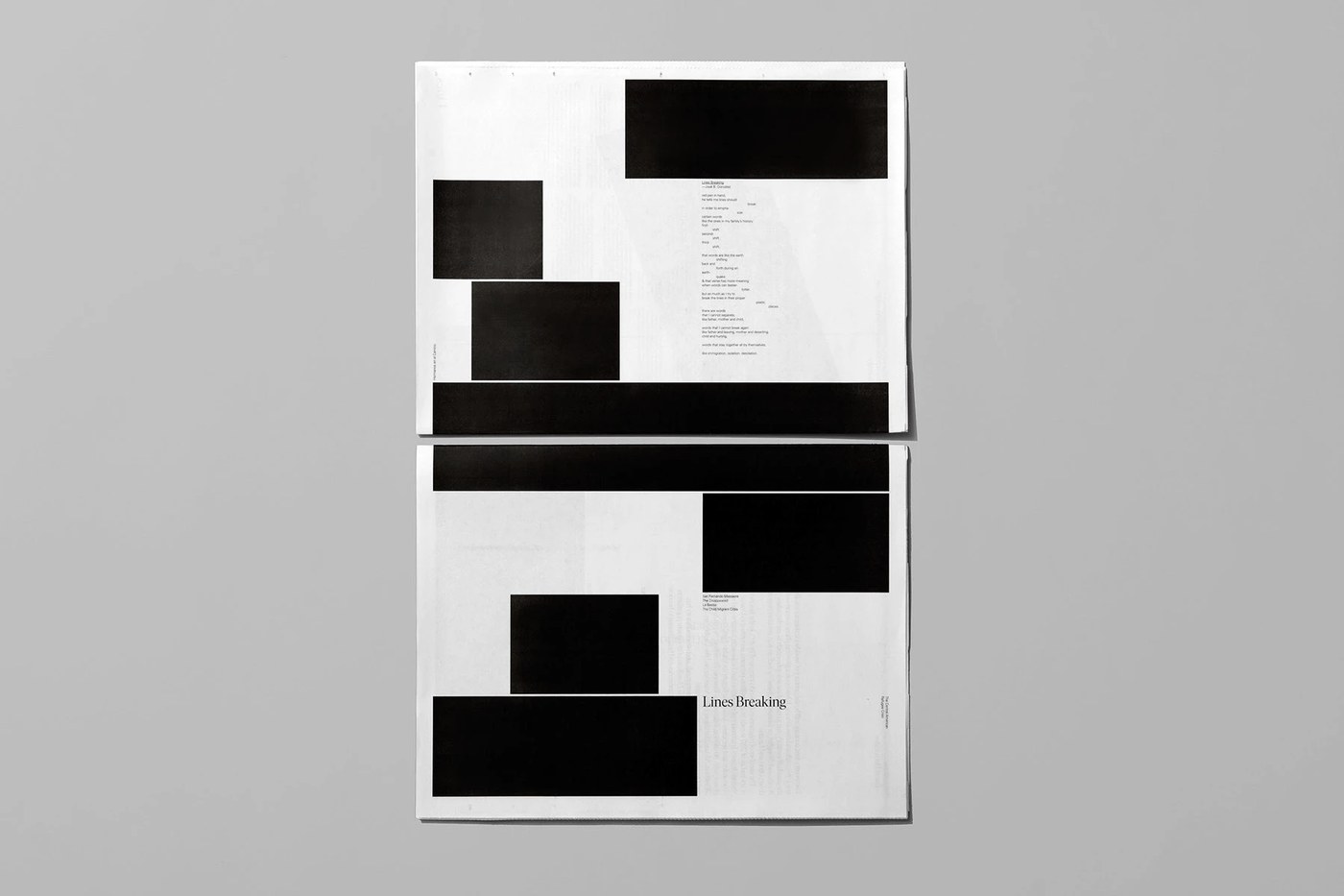 Lines Breaking broadsheet editorial design typography and documentary spread