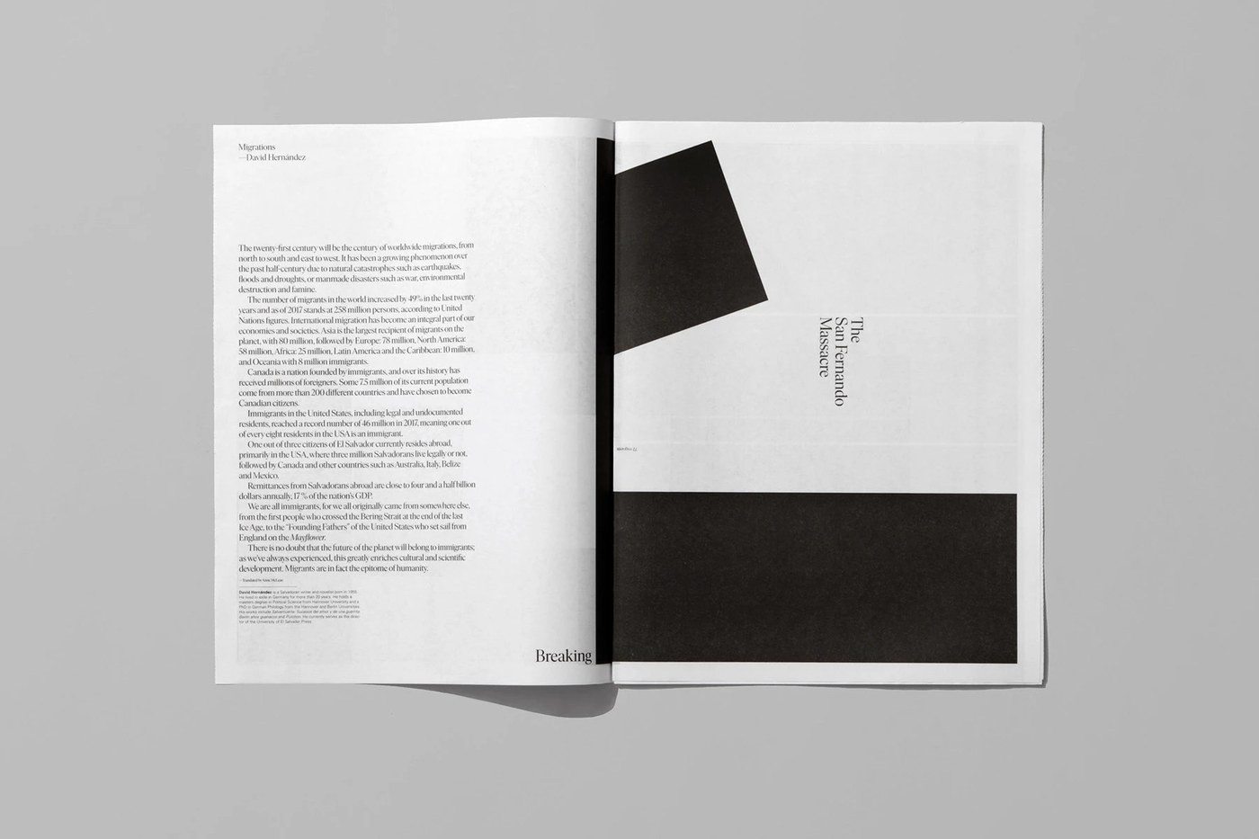 Lines Breaking editorial design layout with bold display headlines on newsprint
