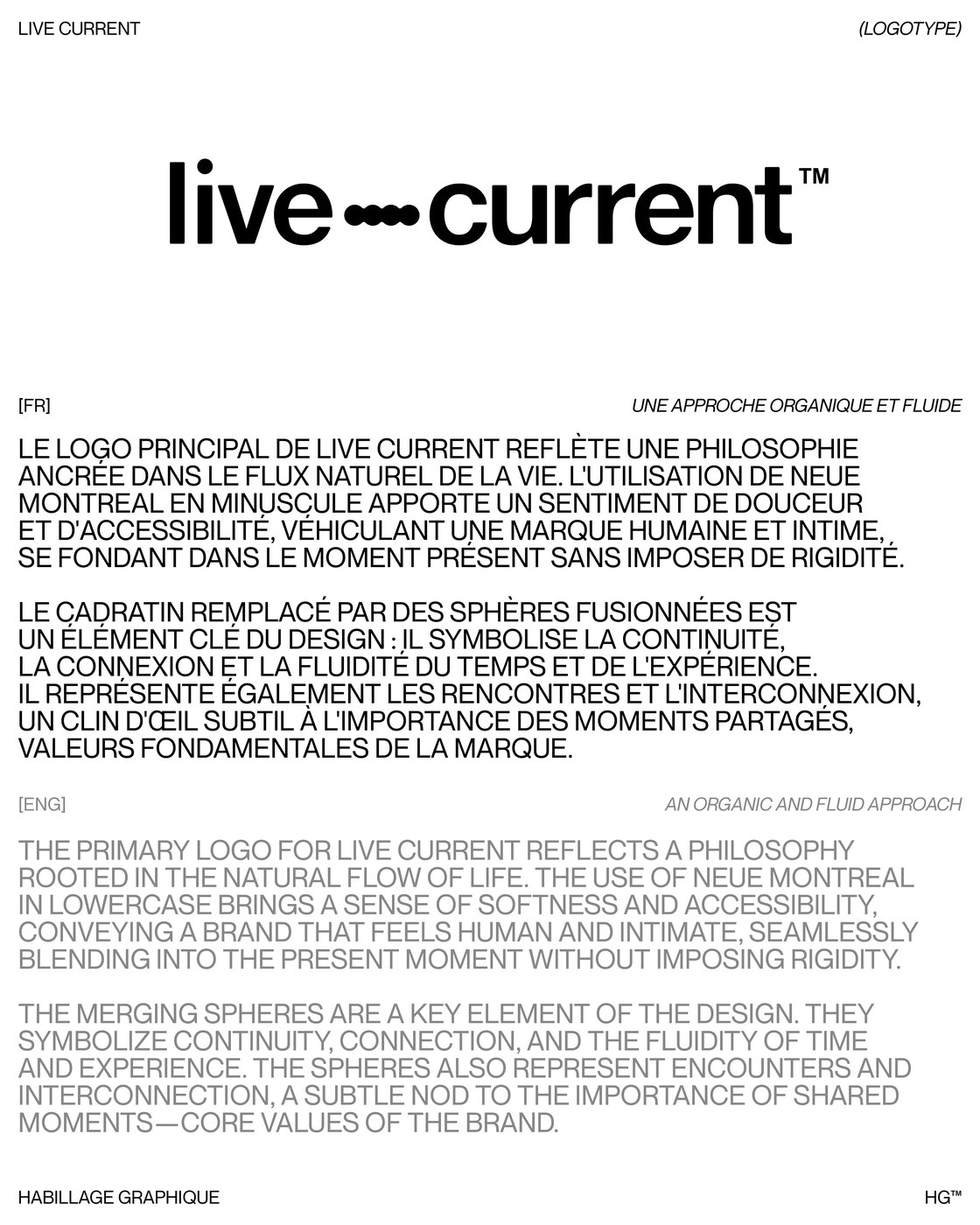 Live Current primary Neue Montreal lowercase logotype and bilingual typography specimen — brand identity by Florian Cornut