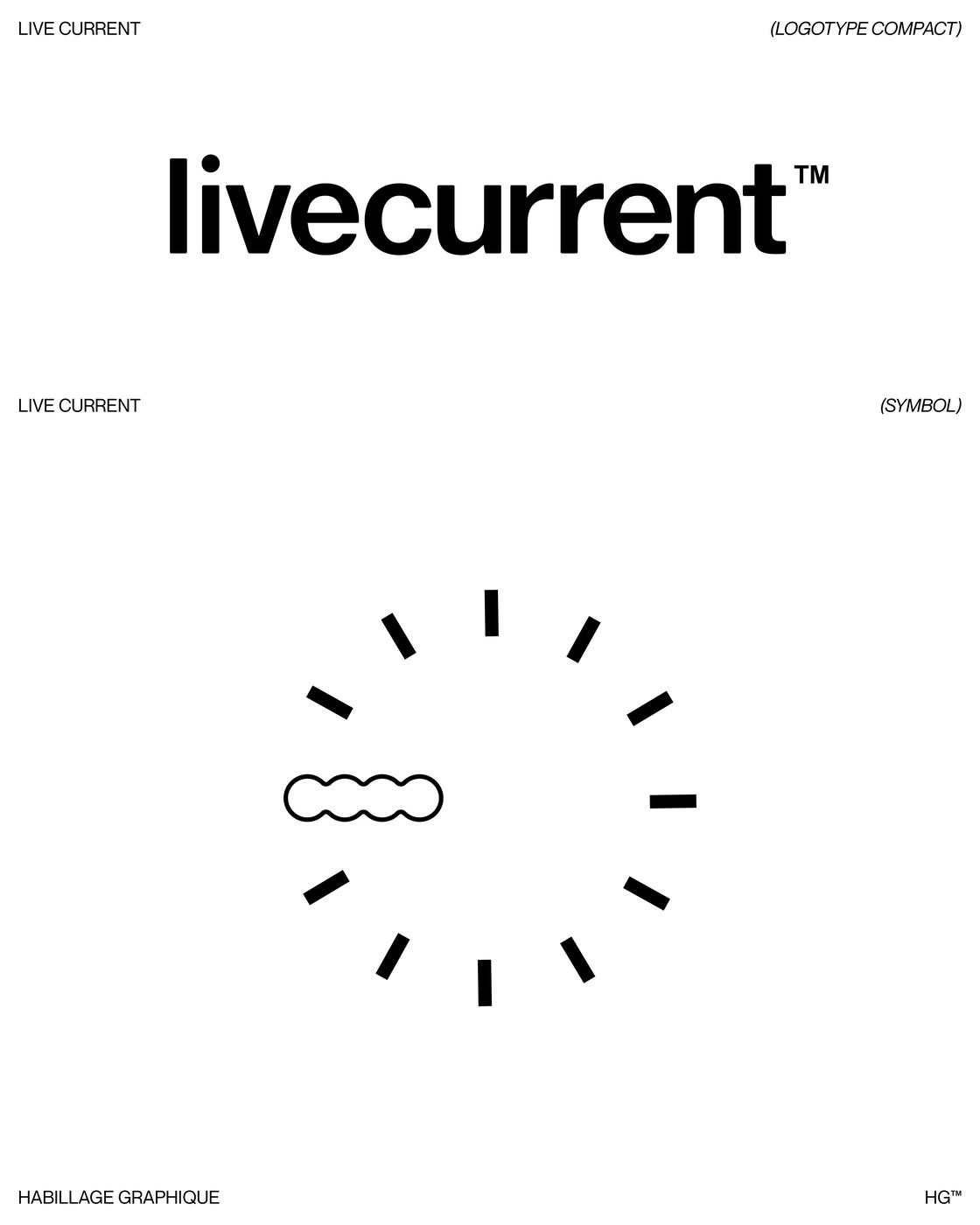 Live Current compact logotype and twelve-hour radial clock symbol overview — brand identity by Florian Cornut