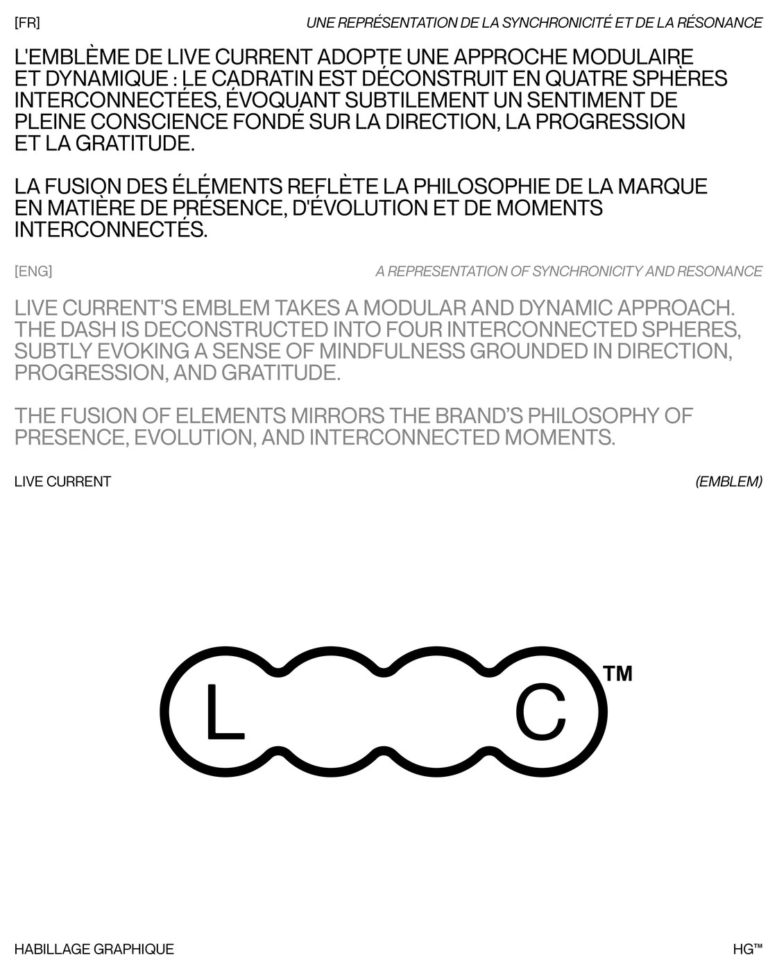 Live Current modular four-sphere L-C monogram mark and bilingual print layout — brand identity by Florian Cornut