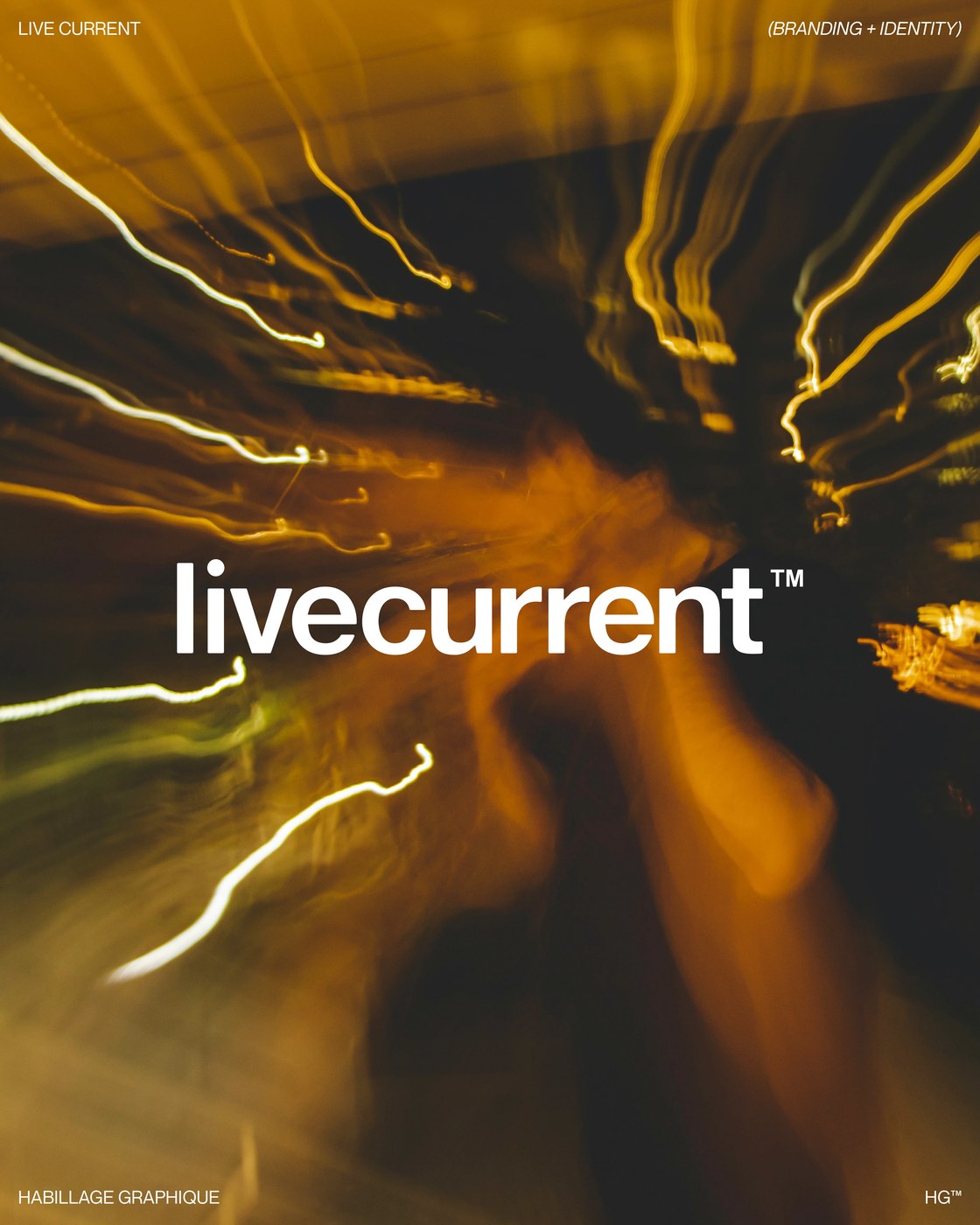 Live Current compact wordmark over warm amber long-exposure light trails poster — brand identity by Florian Cornut