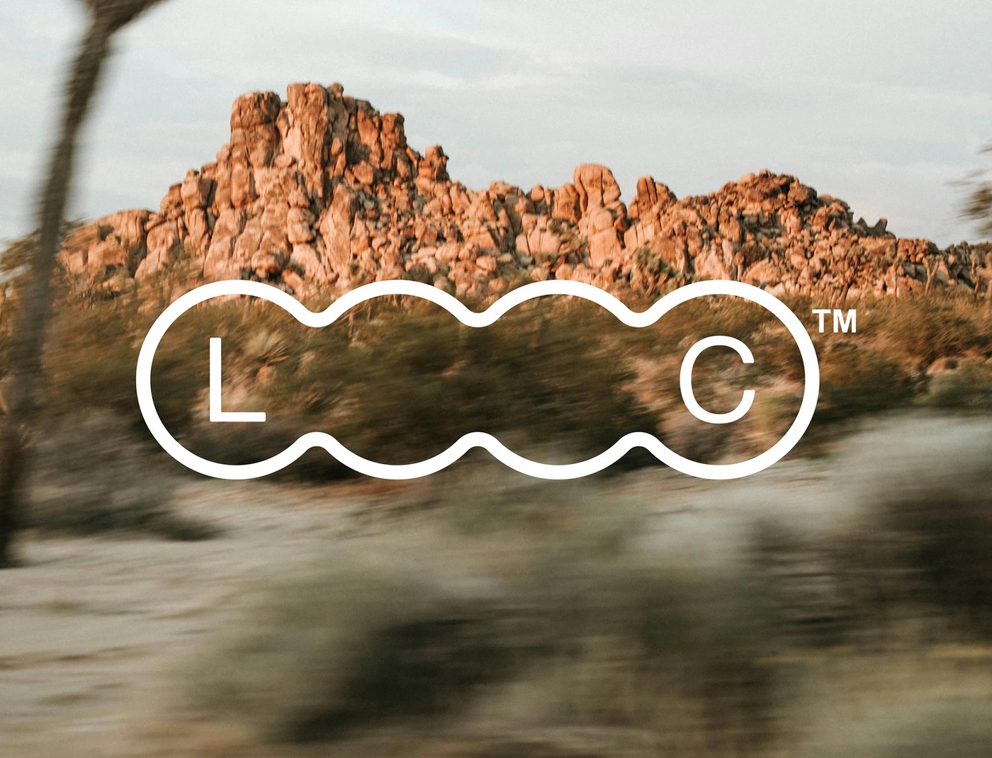 Live Current four-sphere L-C capsule emblem over motion-blurred desert rock outcrop — brand identity by Florian Cornut