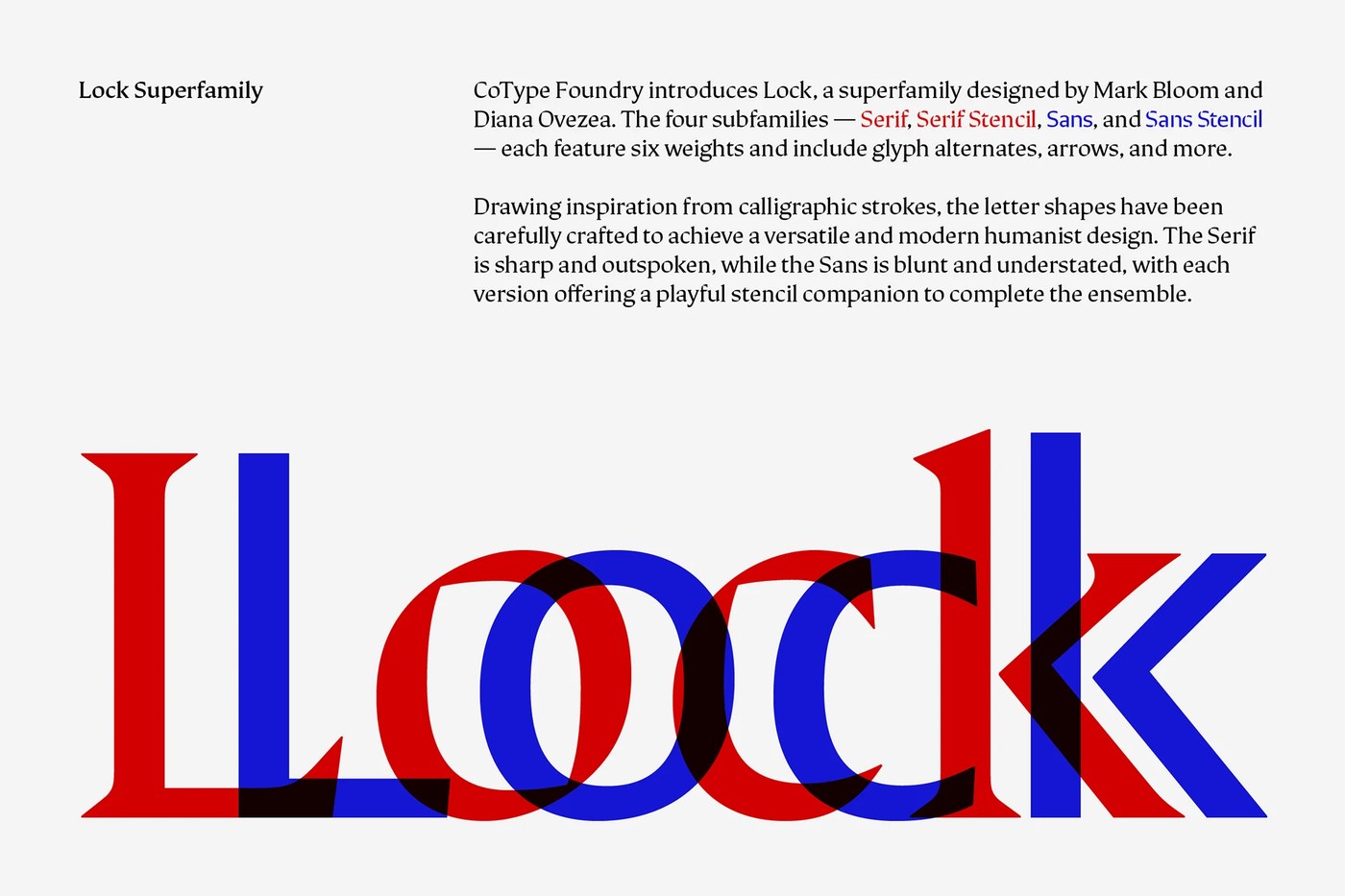 Lock Superfamily typography design overview showing overlapping red serif and blue sans-serif letterforms by Mash Creative