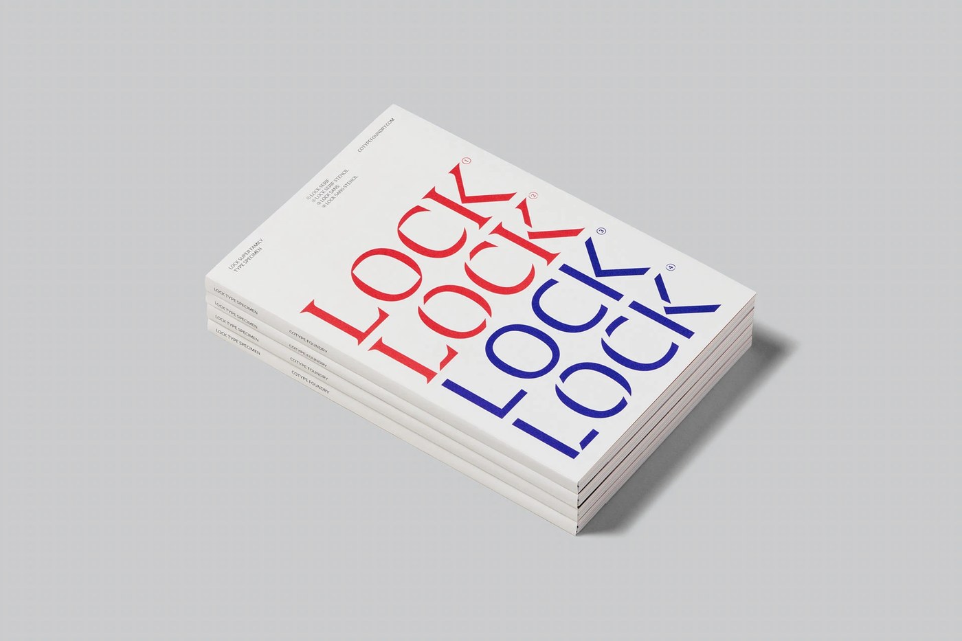 Stacked physical type specimen books designed by Astrid Stavro for Lock typography design by Mash Creative