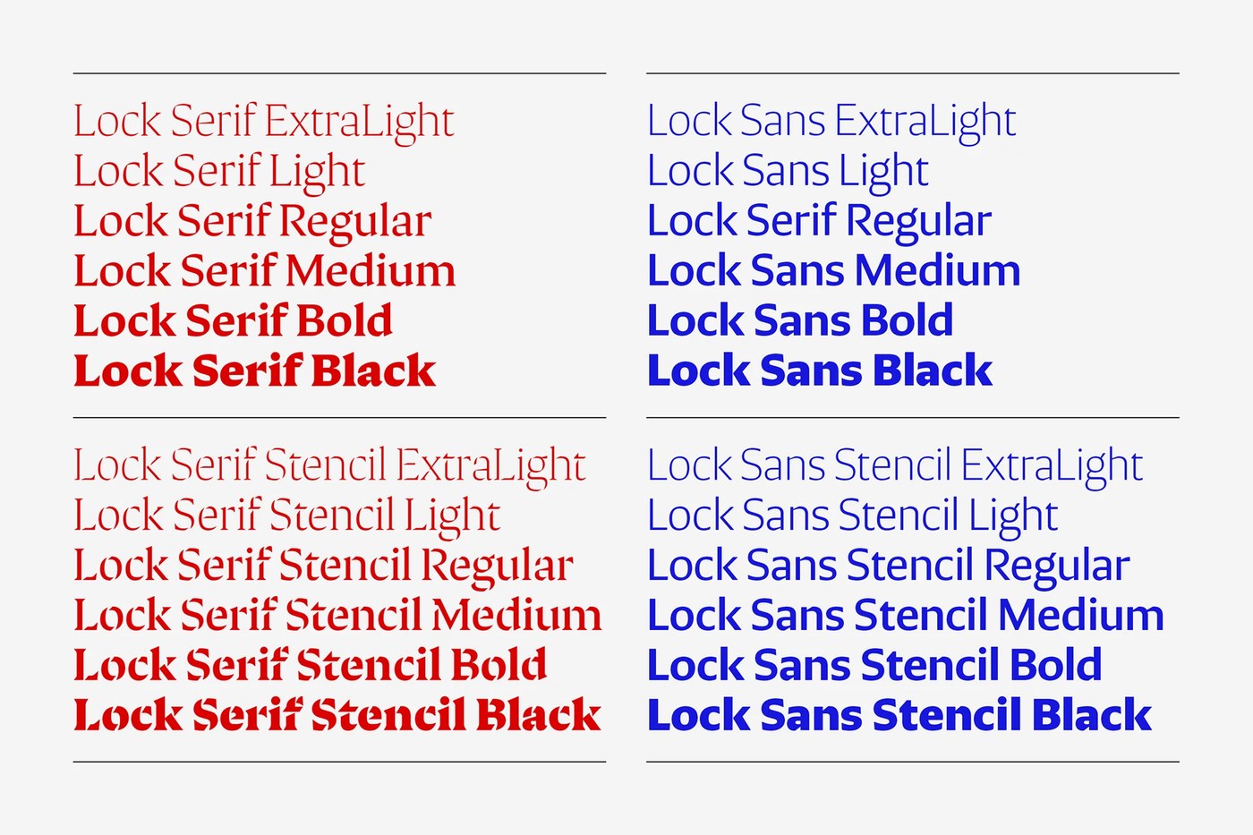 Weight spectrum from ExtraLight to Black across subfamilies in Lock typography design by Mash Creative