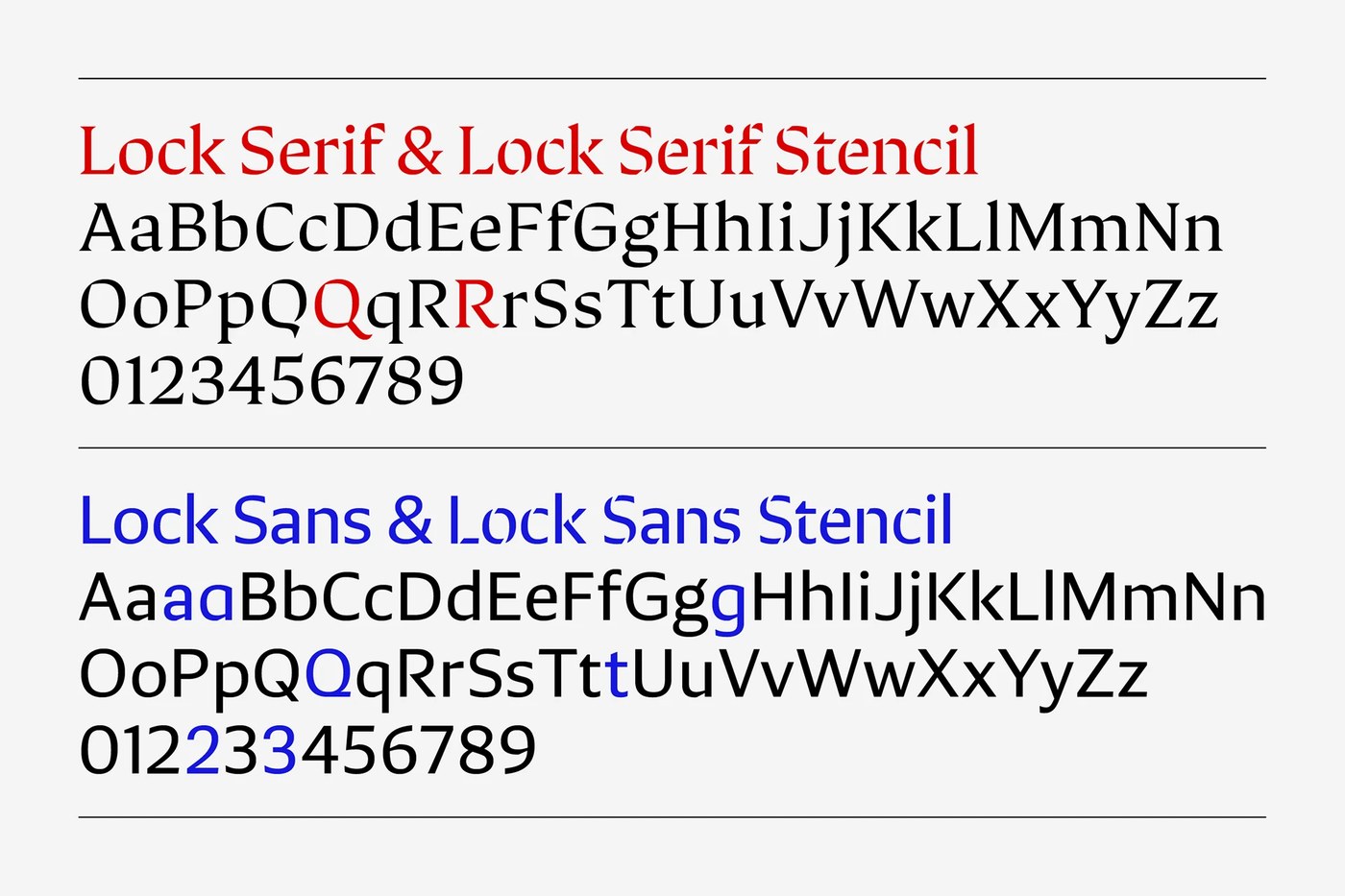 Complete Latin alphabet and numeral glyph sets in Lock Superfamily typography design by Mash Creative
