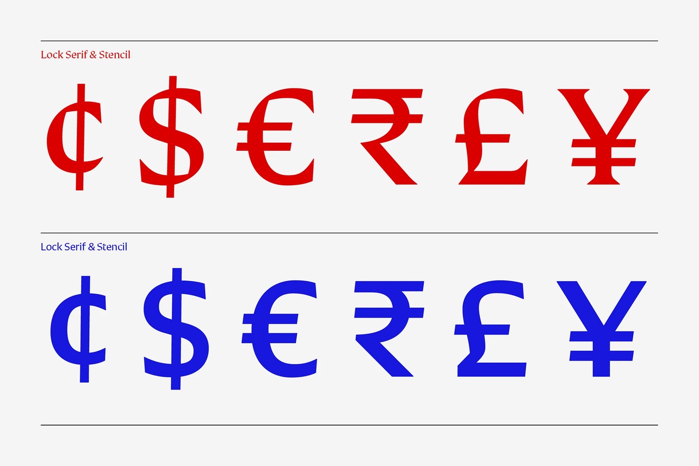 Currency symbols designed in Lock Serif and Lock Sans typography design by Mash Creative