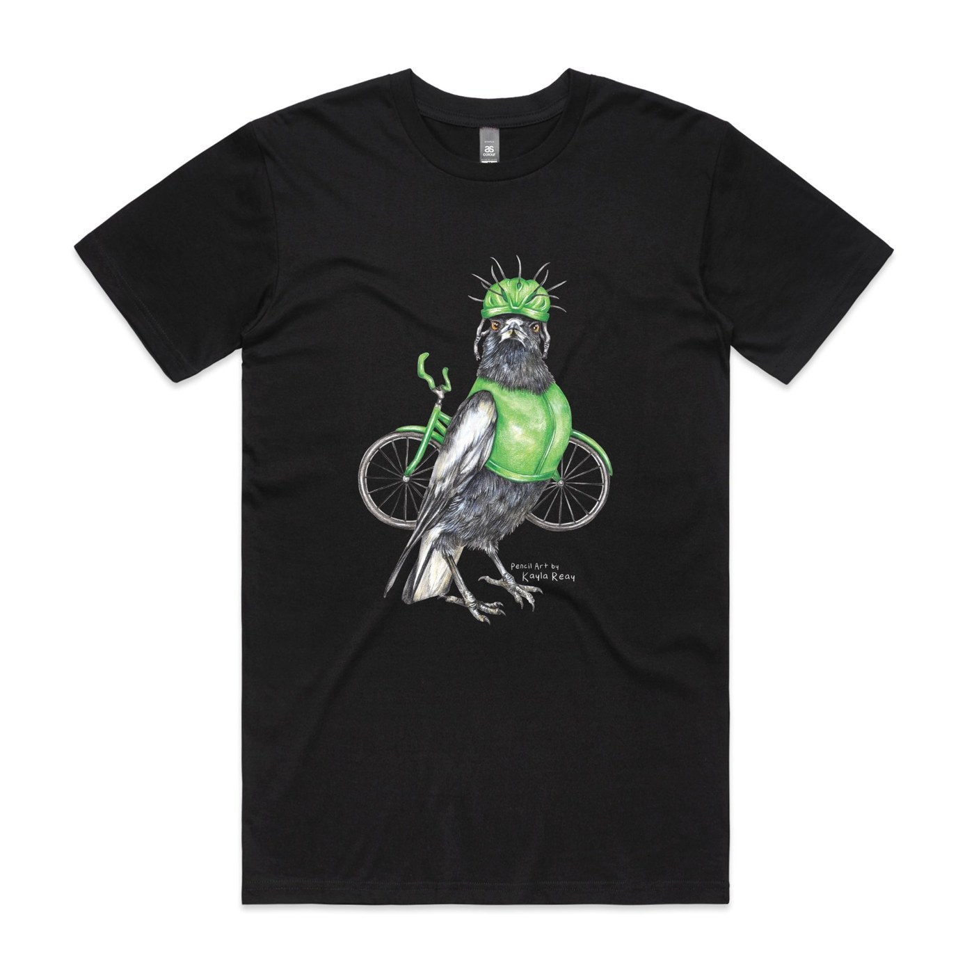 Forest green graphic tee flat lay featuring Clive the Cyclist illustration