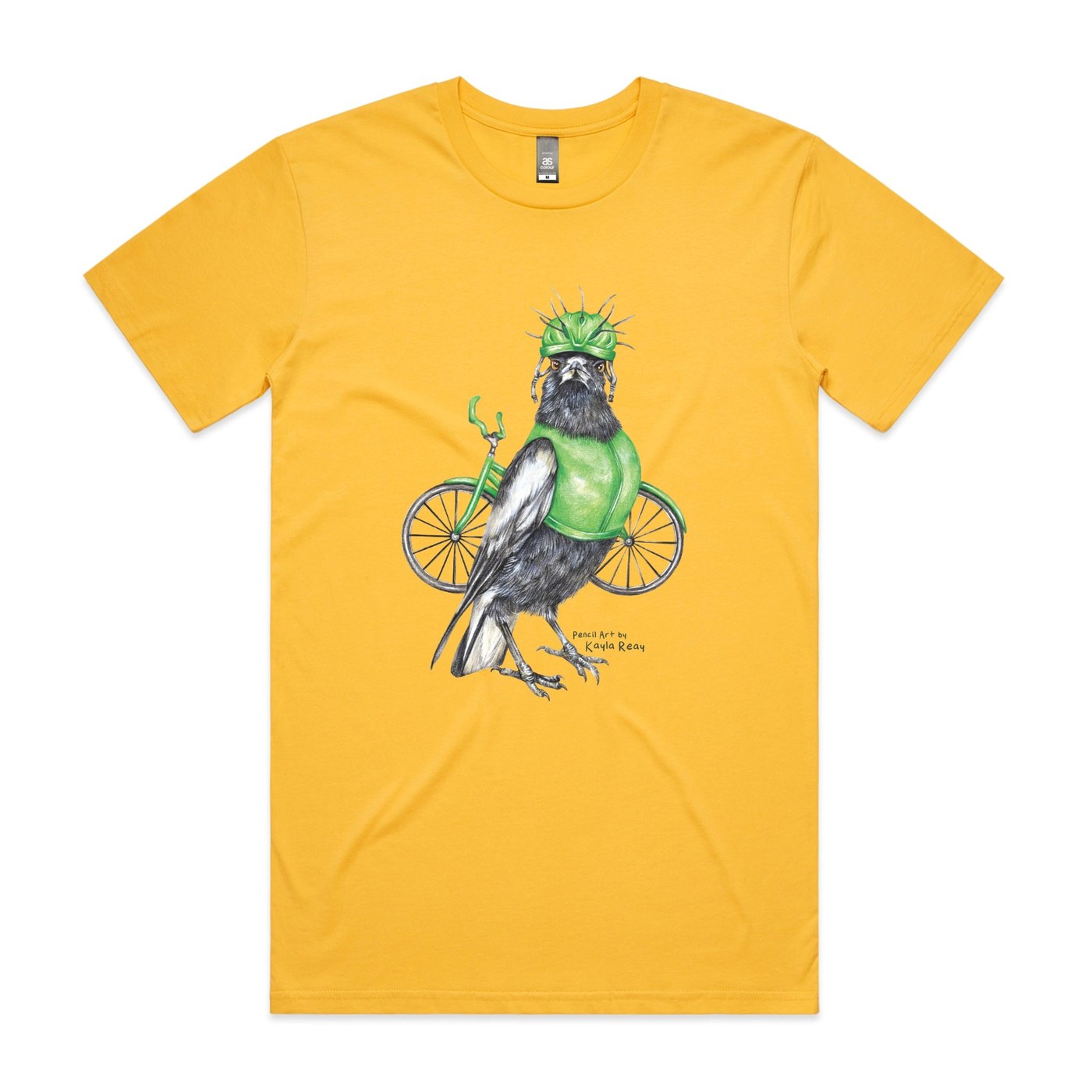Close-up detail of Clive the Cyclist direct-to-garment print on combed cotton